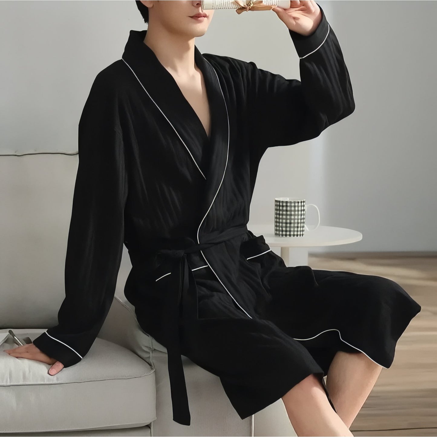 Peignoir Homme Coton Léger Noir et Blanc L