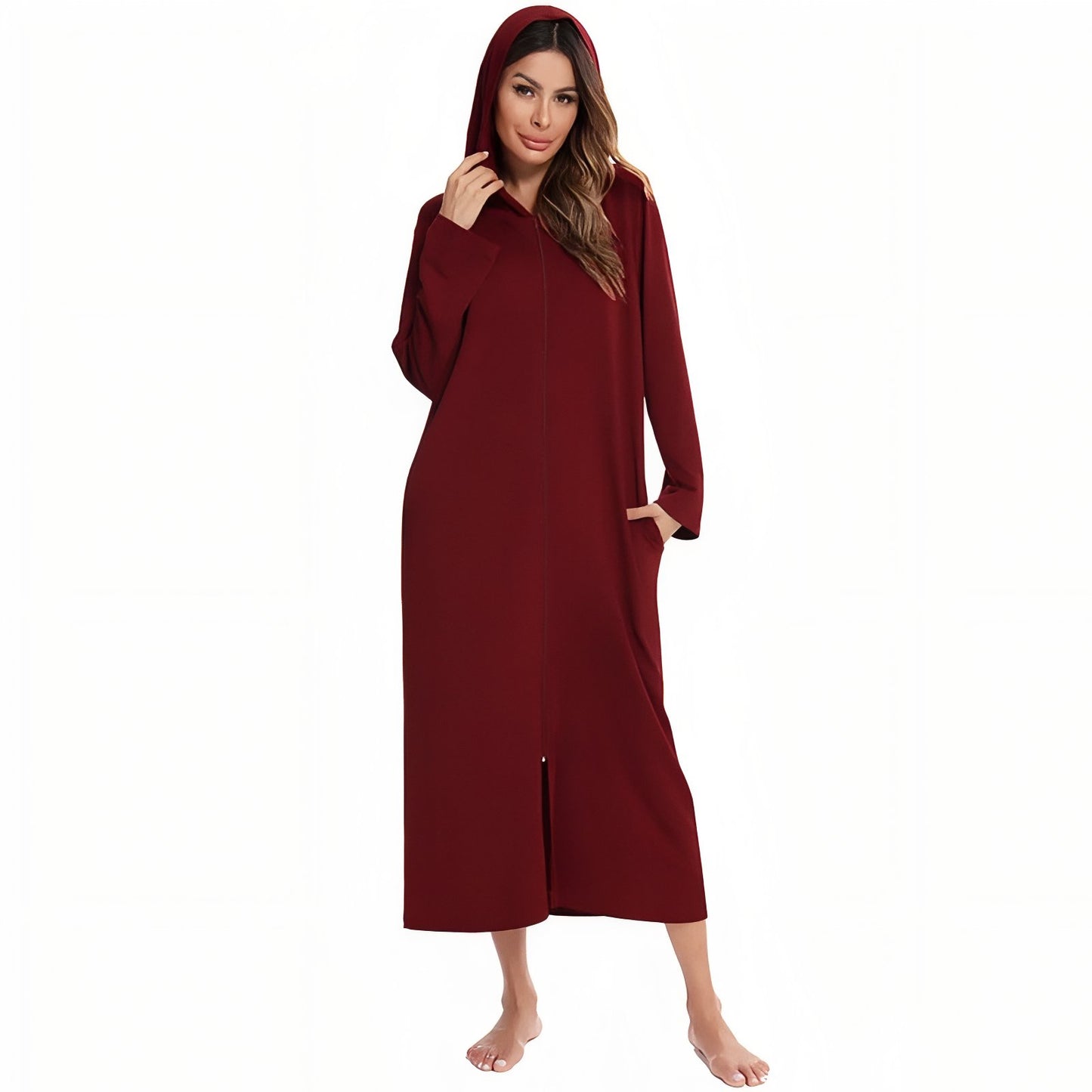 Peignoir avec Capuche et Fermeture Eclair Femme Bordeaux Femme S