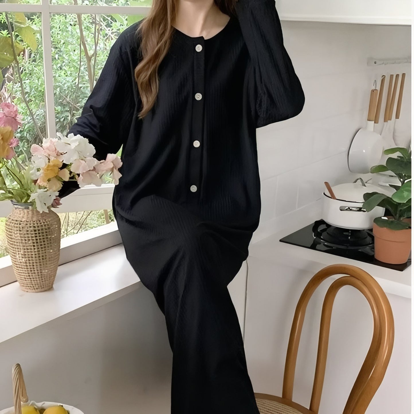 Chemise de Nuit Femme Manche Longue Coton Noir M