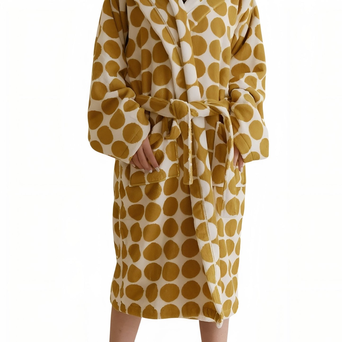 Peignoir Femme à Pois Jaune Moutarde et Blanc Taille Unique
