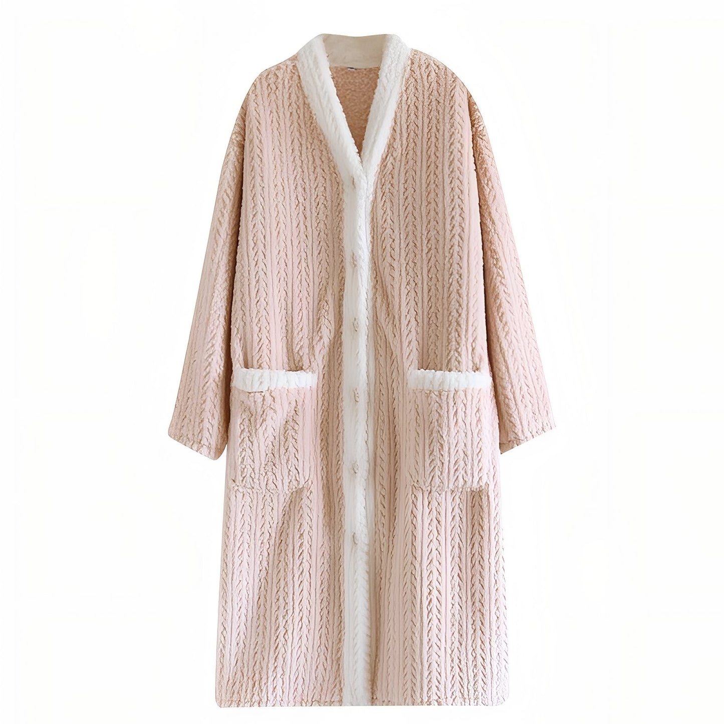 Peignoir Epais à Boutons Robe de Chambre Beige Rosé M