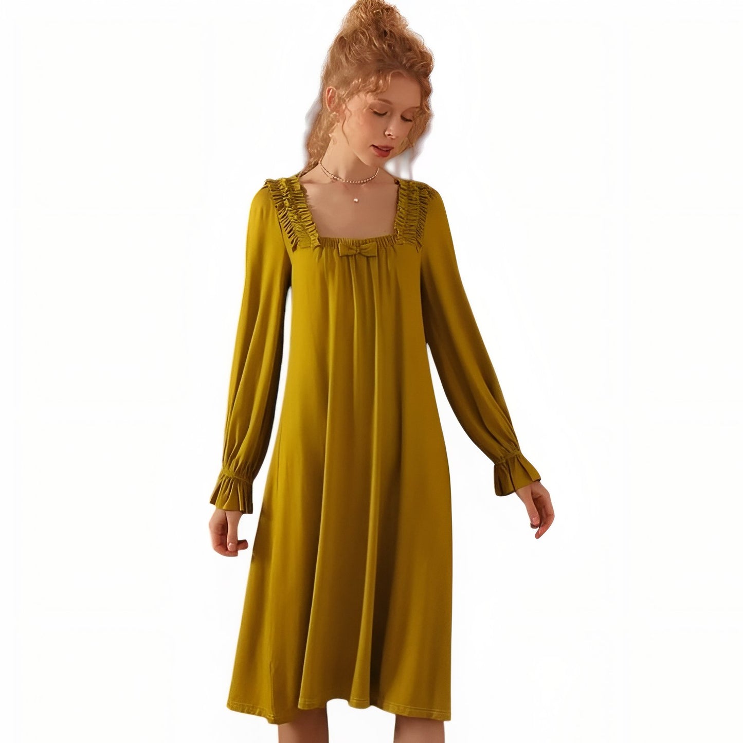 Chemise de Nuit Mi Longue Vintage Jaune Olive S