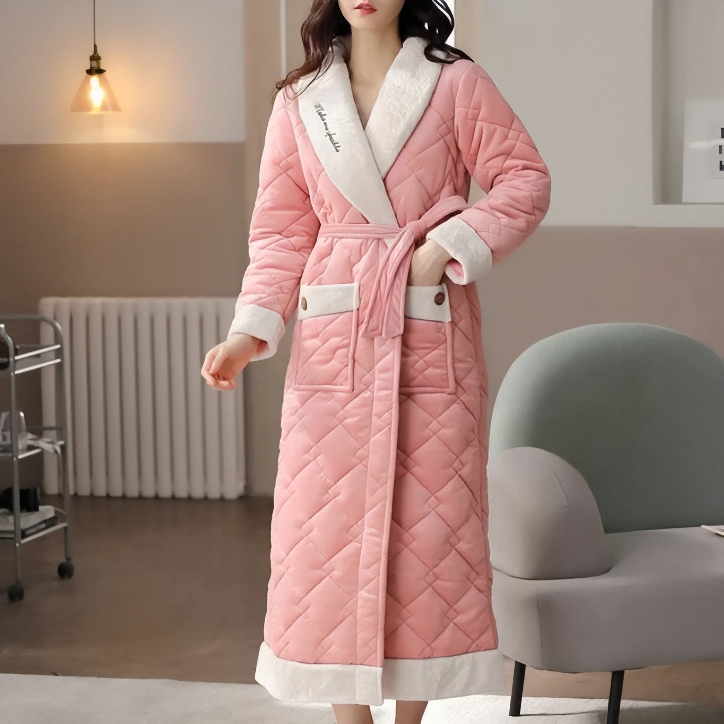 Robe de Chambre Longue Chaude Matelassée pour Femme Rose Pâle et Crème M