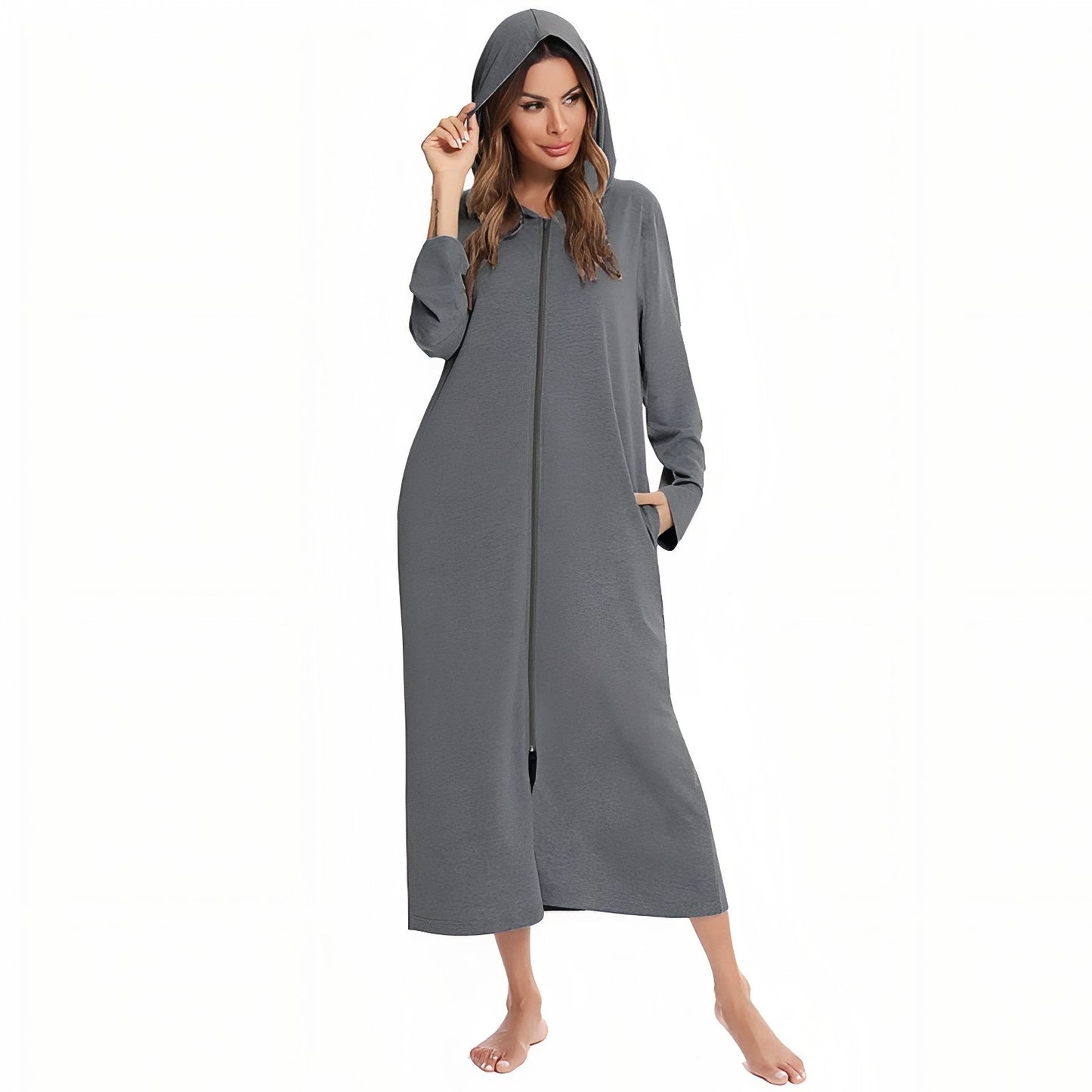 Peignoir avec Capuche et Fermeture Eclair Femme Gris Foncé S