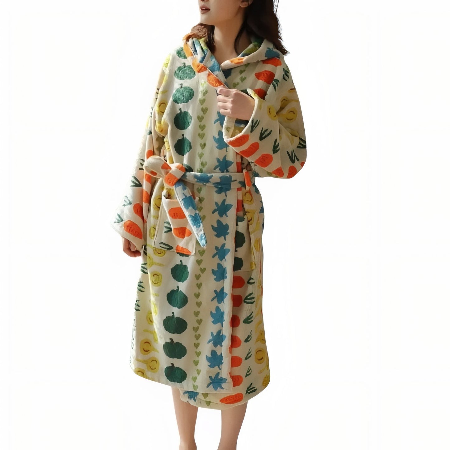 Peignoir de Bain pour Femme Doux et Epais Beige et Orange Taille Unique