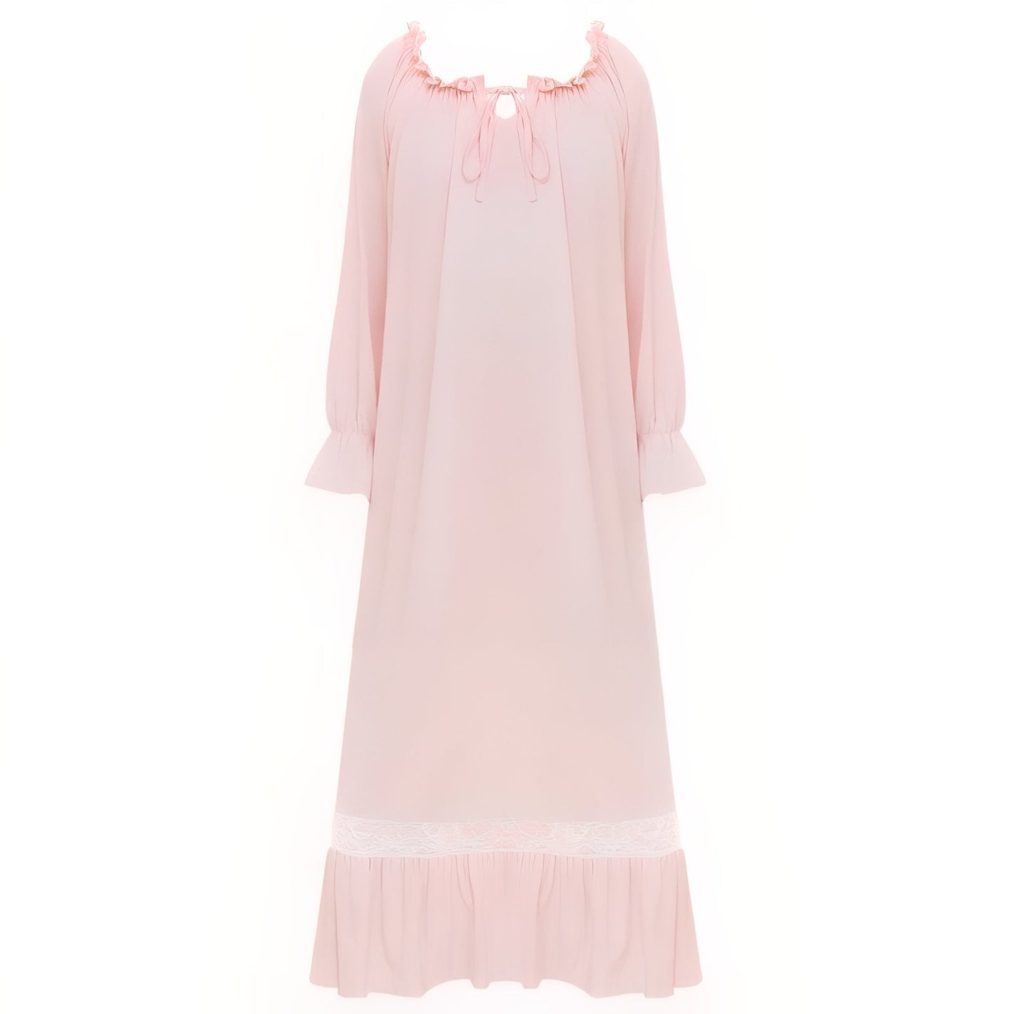 Chemise de Nuit Femme Coton Manches Longues Dentelle Rose Pâle S
