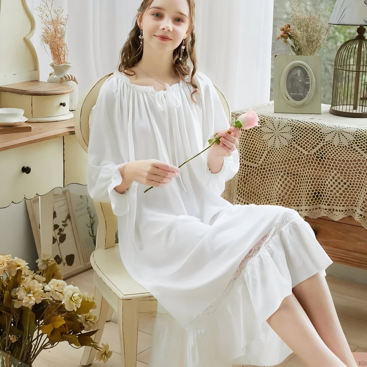 Chemise de Nuit Femme Coton Manches Longues Dentelle