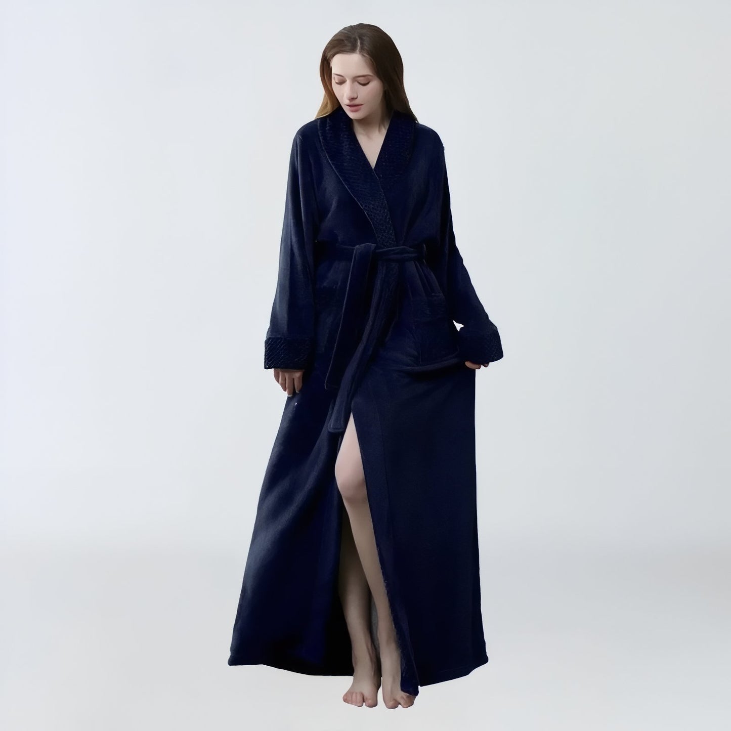 Peignoir Femme Long et Chaud Bleu Marine M