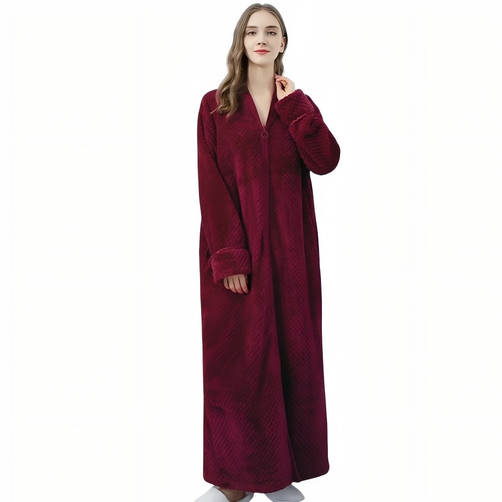 Robe de Chambre Polaire Longue Fermeture Eclair Bordeaux M 