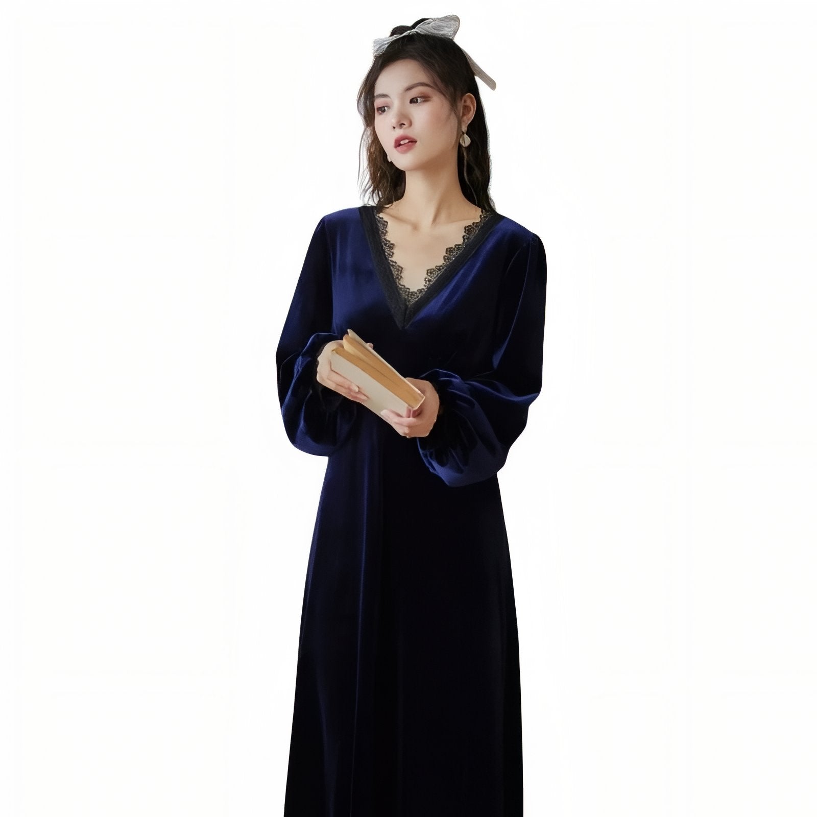 Chemise de Nuit Luxe en Velours Bleu Foncé M 