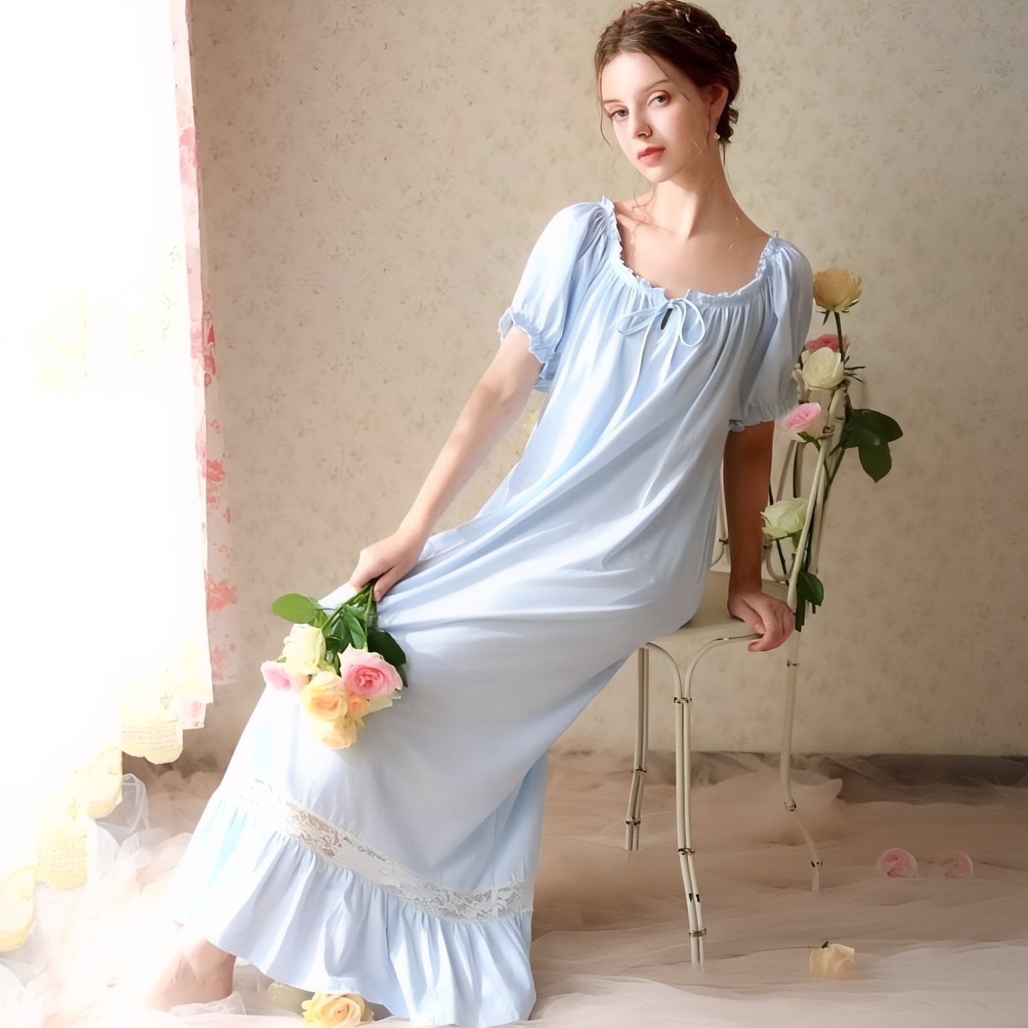 Chemise de Nuit Longue Elégante Bleu Clair (Manches Courtes) S 