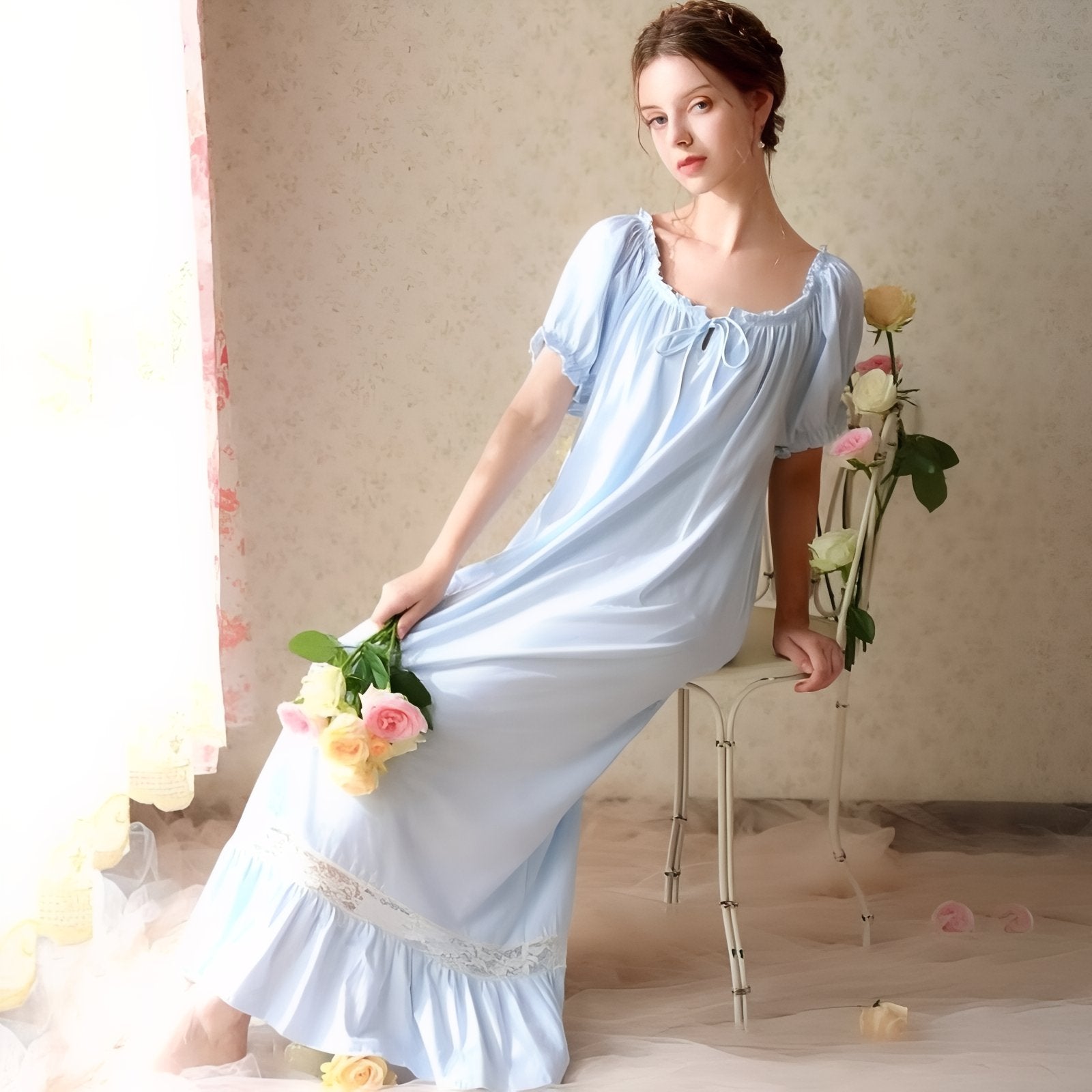 Chemise de Nuit Longue Elégante Bleu Clair (Manches Courtes) S 