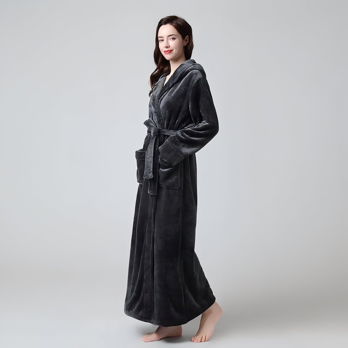 Peignoir de Bain Long avec Capuche Gris Foncé (Femme) M 