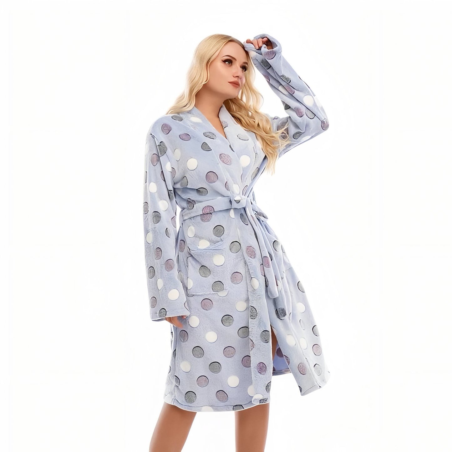 Peignoir de Bain Grande Taille pour Femme Bleu Clair à Pois XXL 