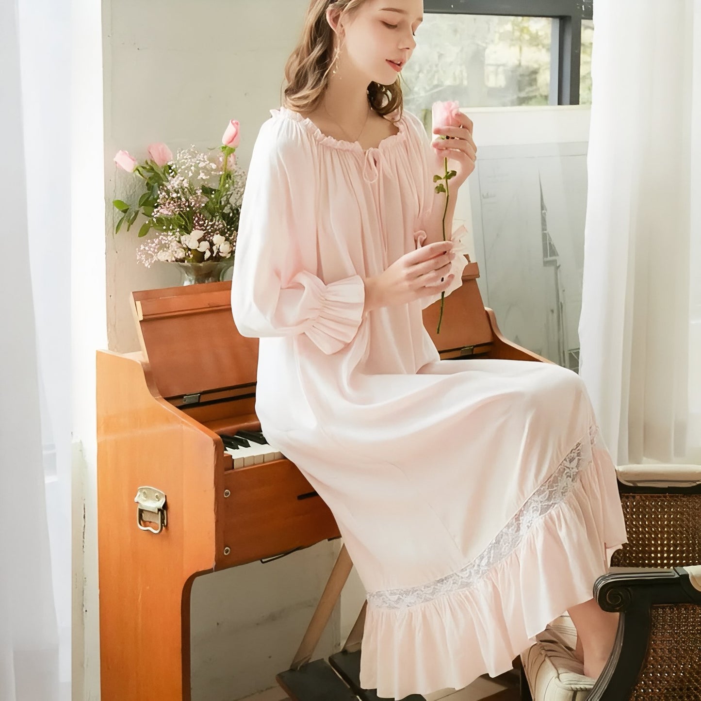 Chemise de Nuit Femme Coton Manches Longues Dentelle 