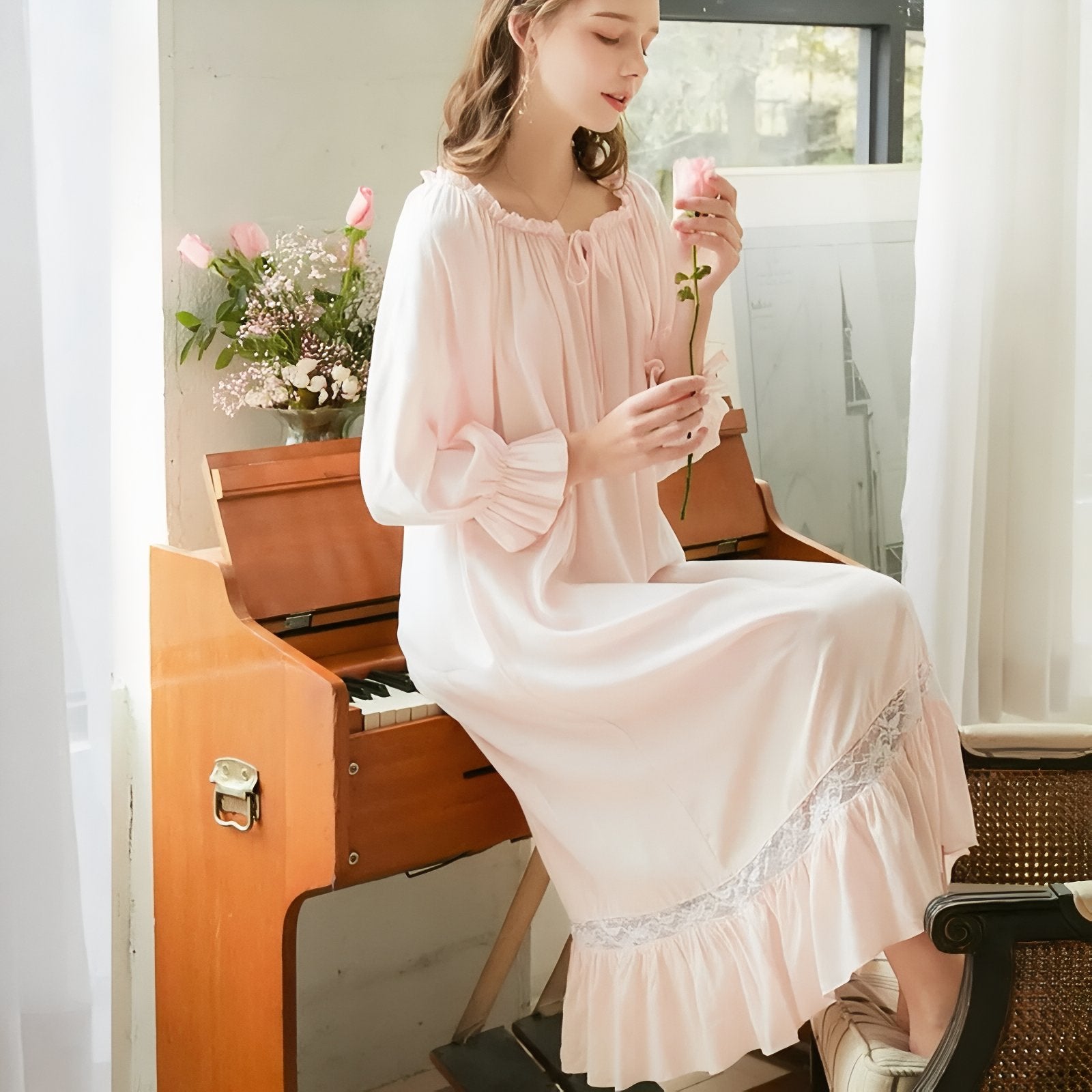 Chemise de Nuit Femme Coton Manches Longues Dentelle 