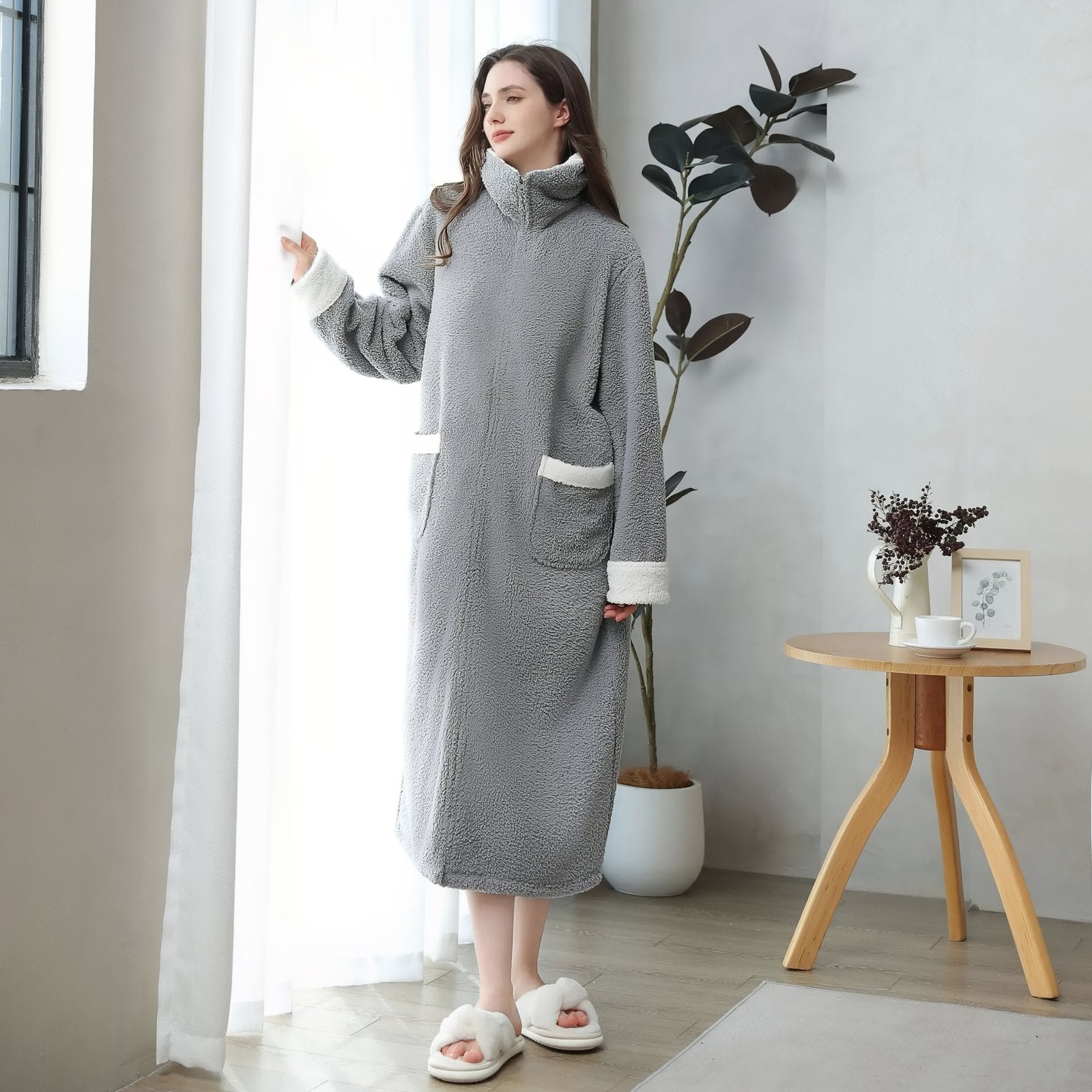 Longue Robe de Chambre Polaire Femme avec Fermeture Eclair Gris Clair M 