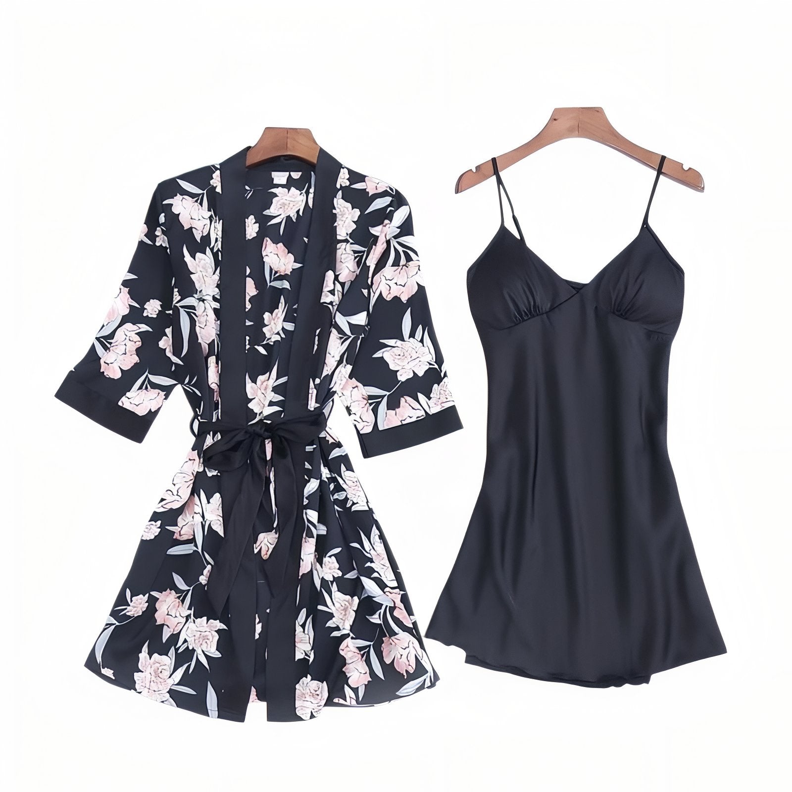 Ensemble Nuisette Peignoir Satin Noir à Motifs M 