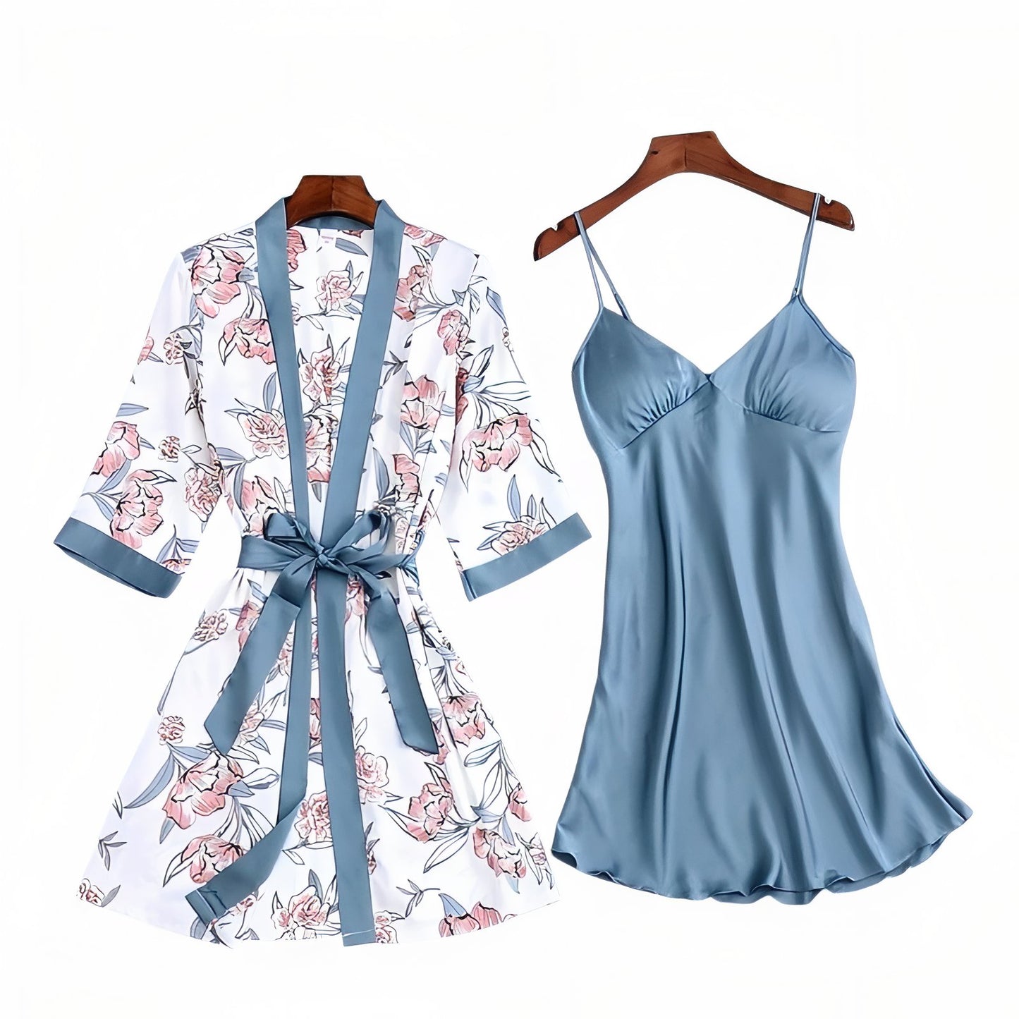 Ensemble Nuisette Peignoir Satin Bleu à Motifs M 