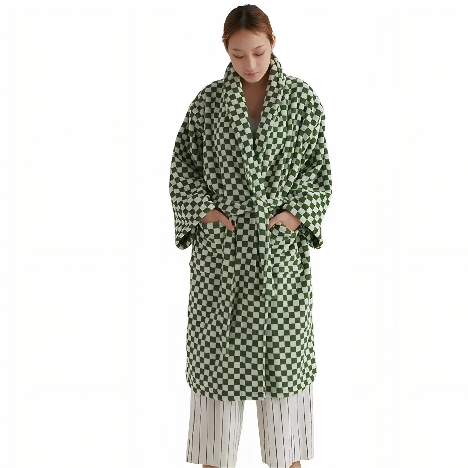 Robe de Chambre Femme Hiver Luxe Vert Émeraude et Damiers Taille Unique 