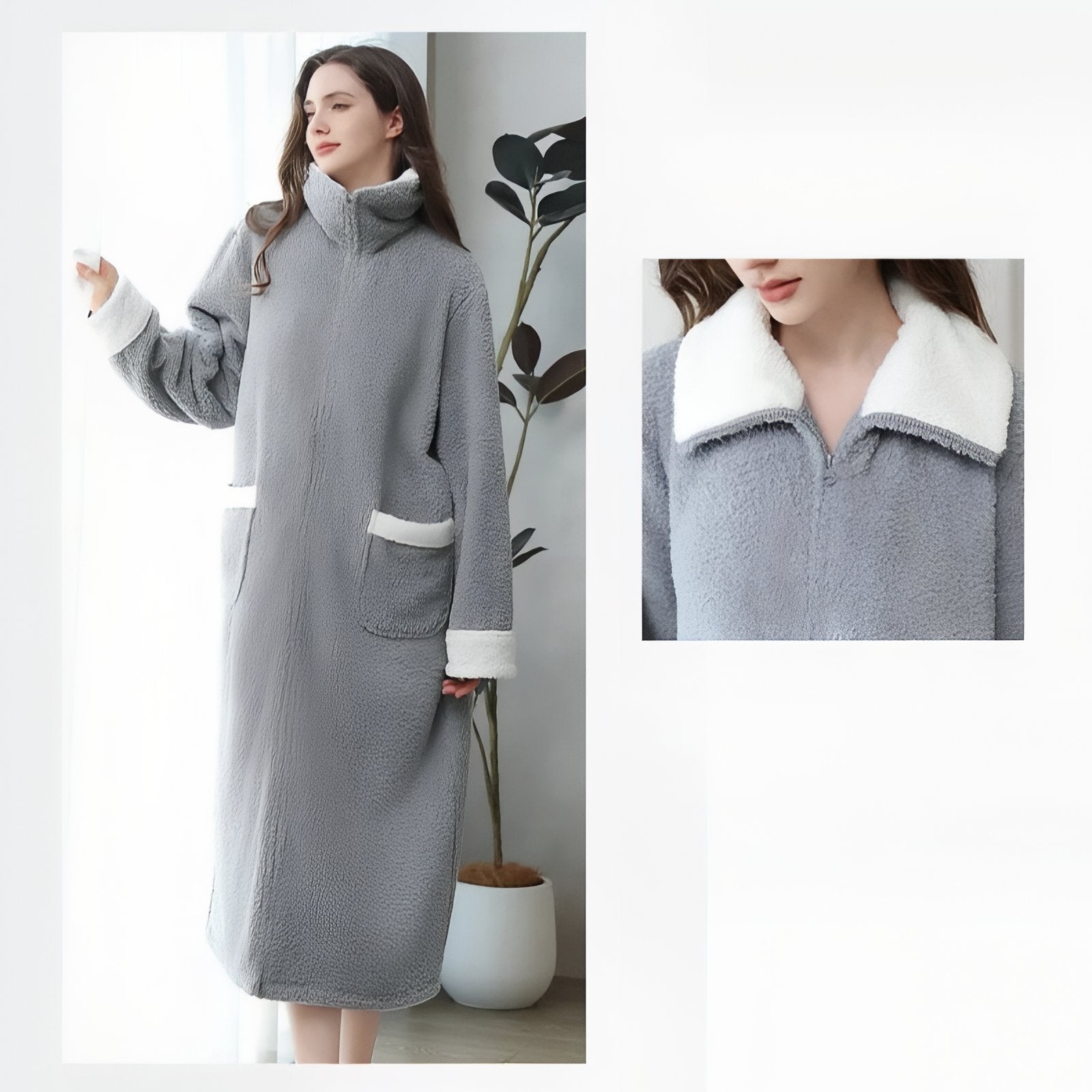 Longue Robe de Chambre Polaire Femme avec Fermeture Eclair 