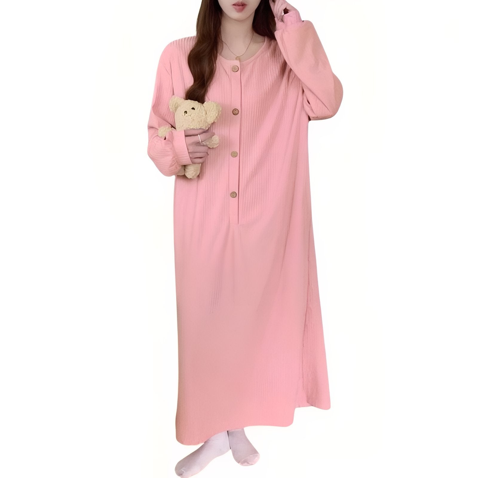 Chemise de Nuit Femme Manche Longue Coton Rose Pâle M 