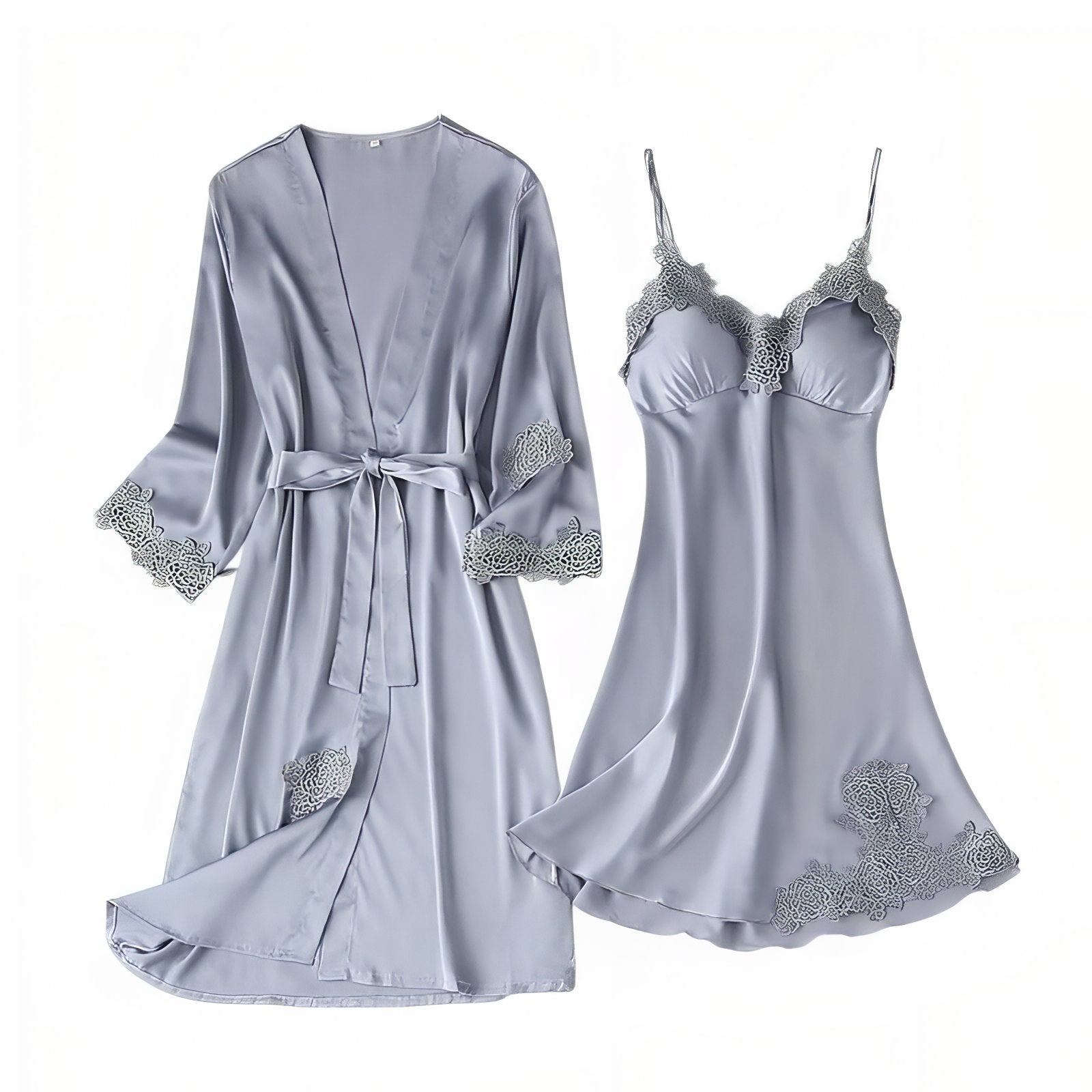 Ensemble Nuisette Peignoir Satin Gris Bleu M 