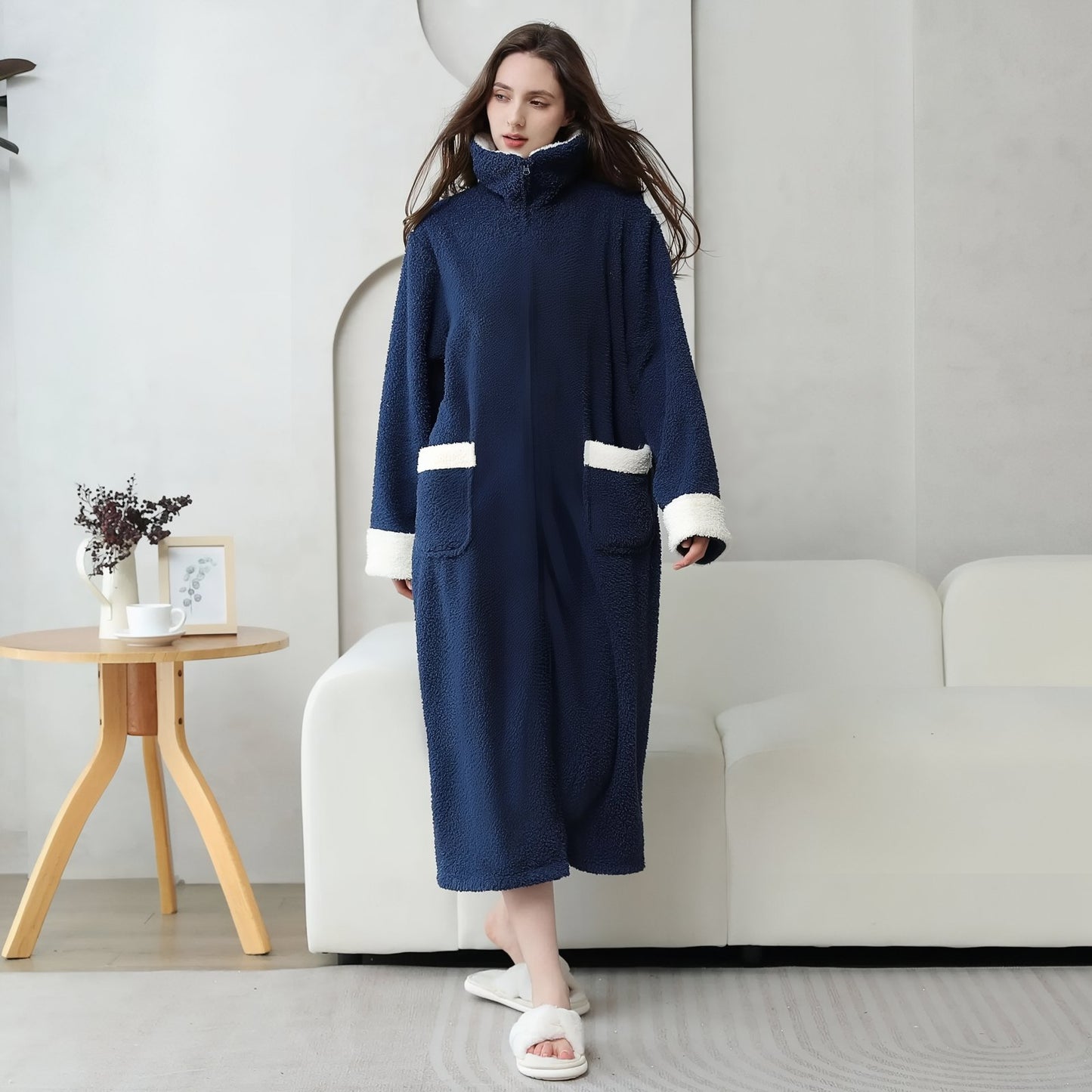 Longue Robe de Chambre Polaire Femme avec Fermeture Eclair 