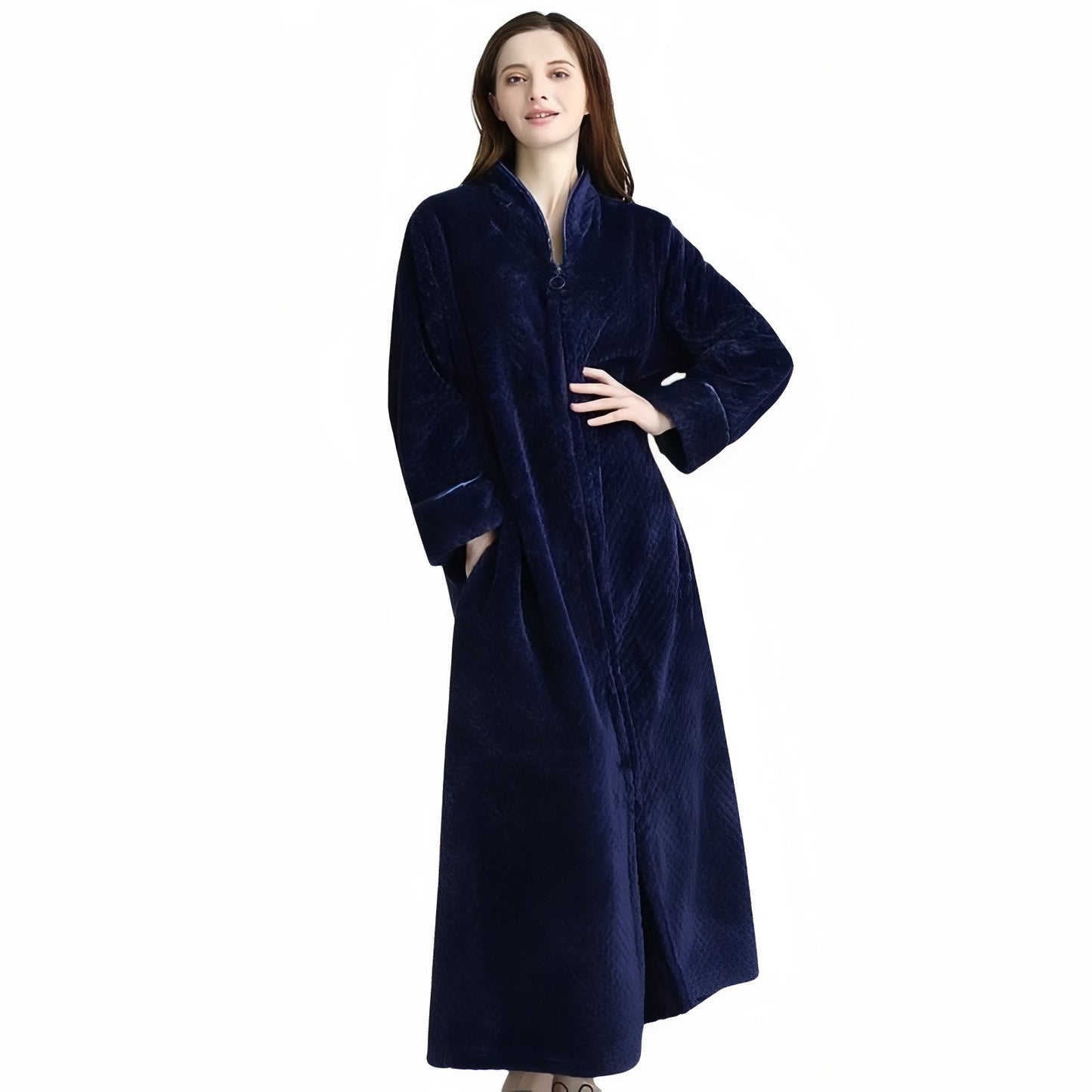 Peignoir Femme Eponge avec Fermeture Eclair Bleu Marine M 