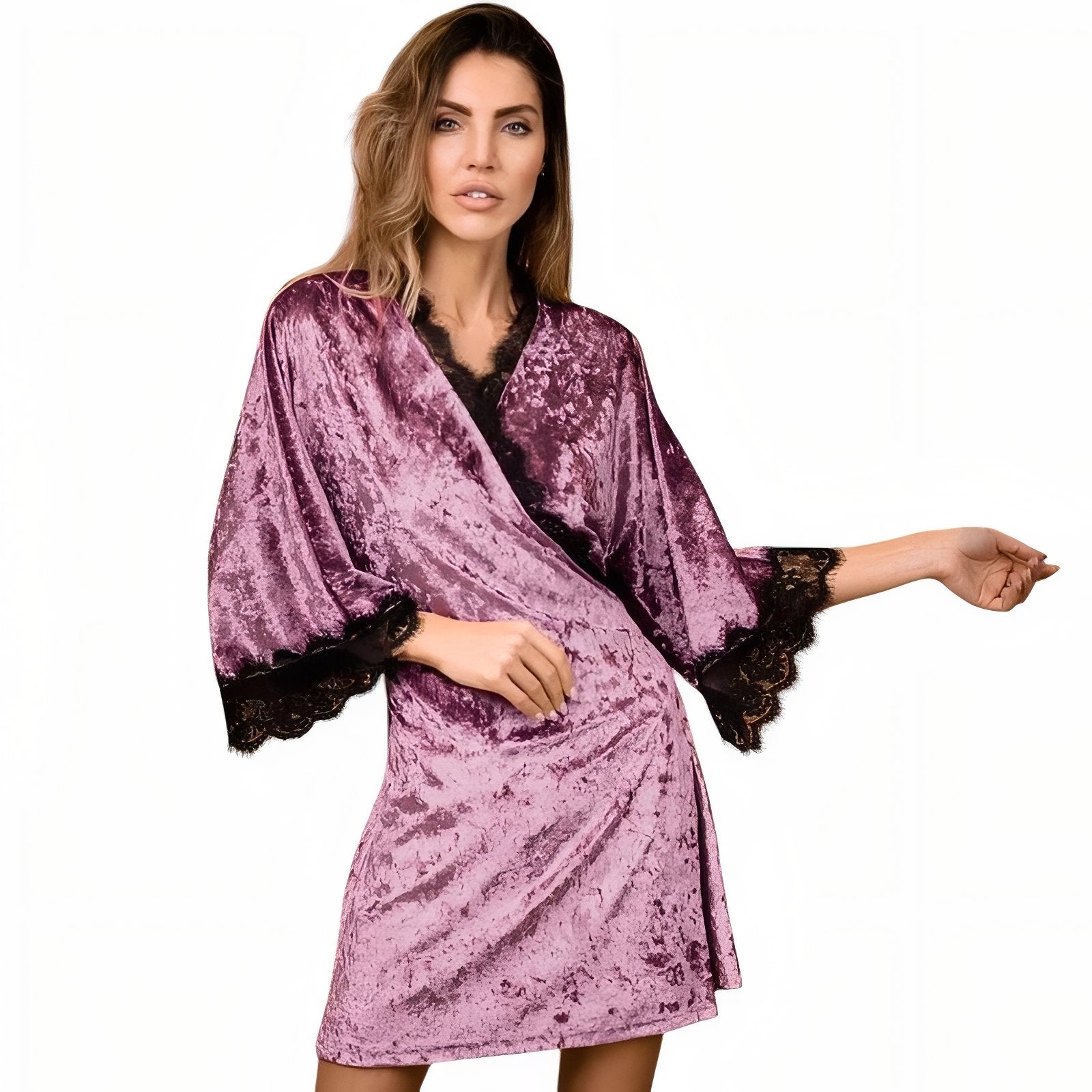 Peignoir Velours et Dentelle Violet et Noir S 