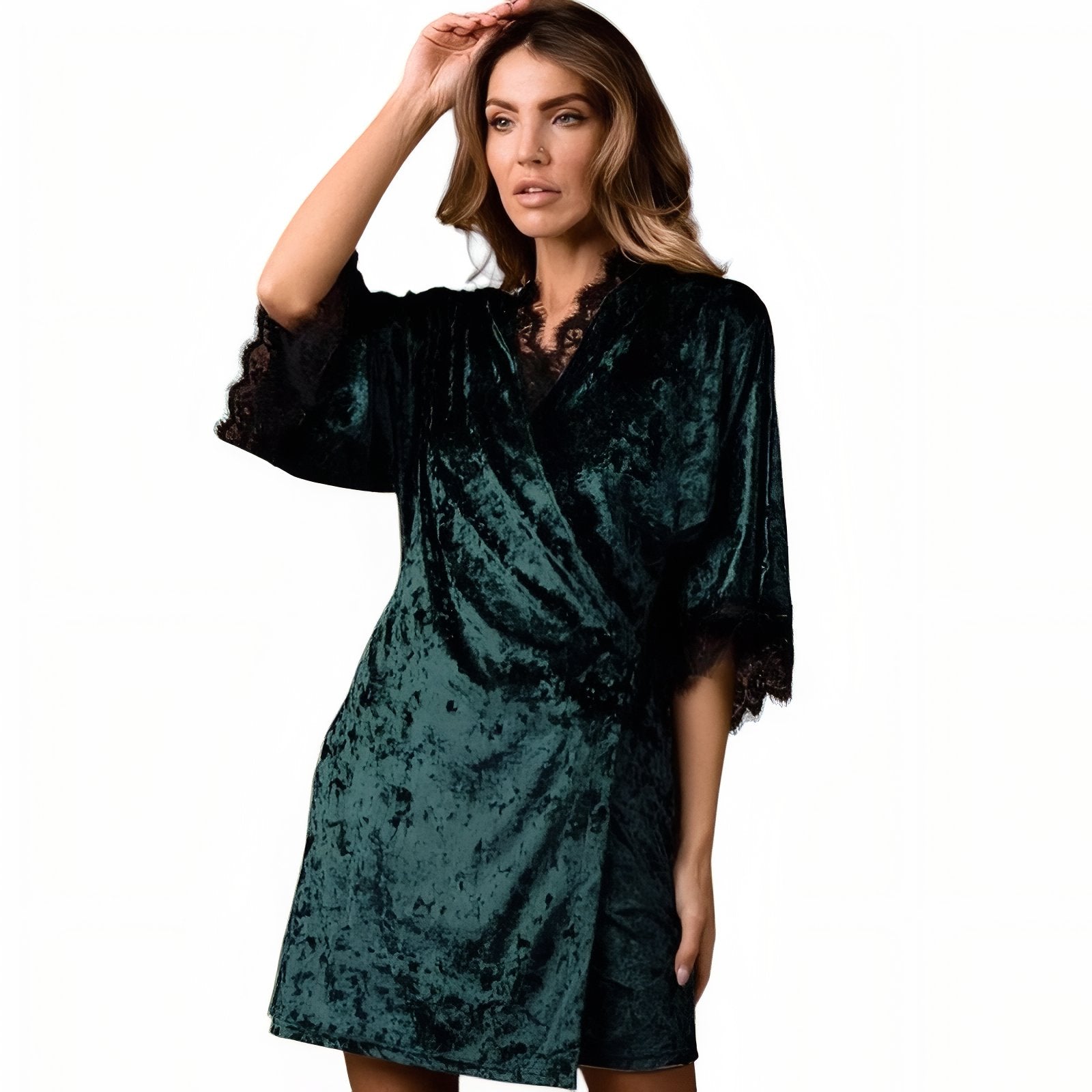 Peignoir Velours et Dentelle Vert Émeraude S 