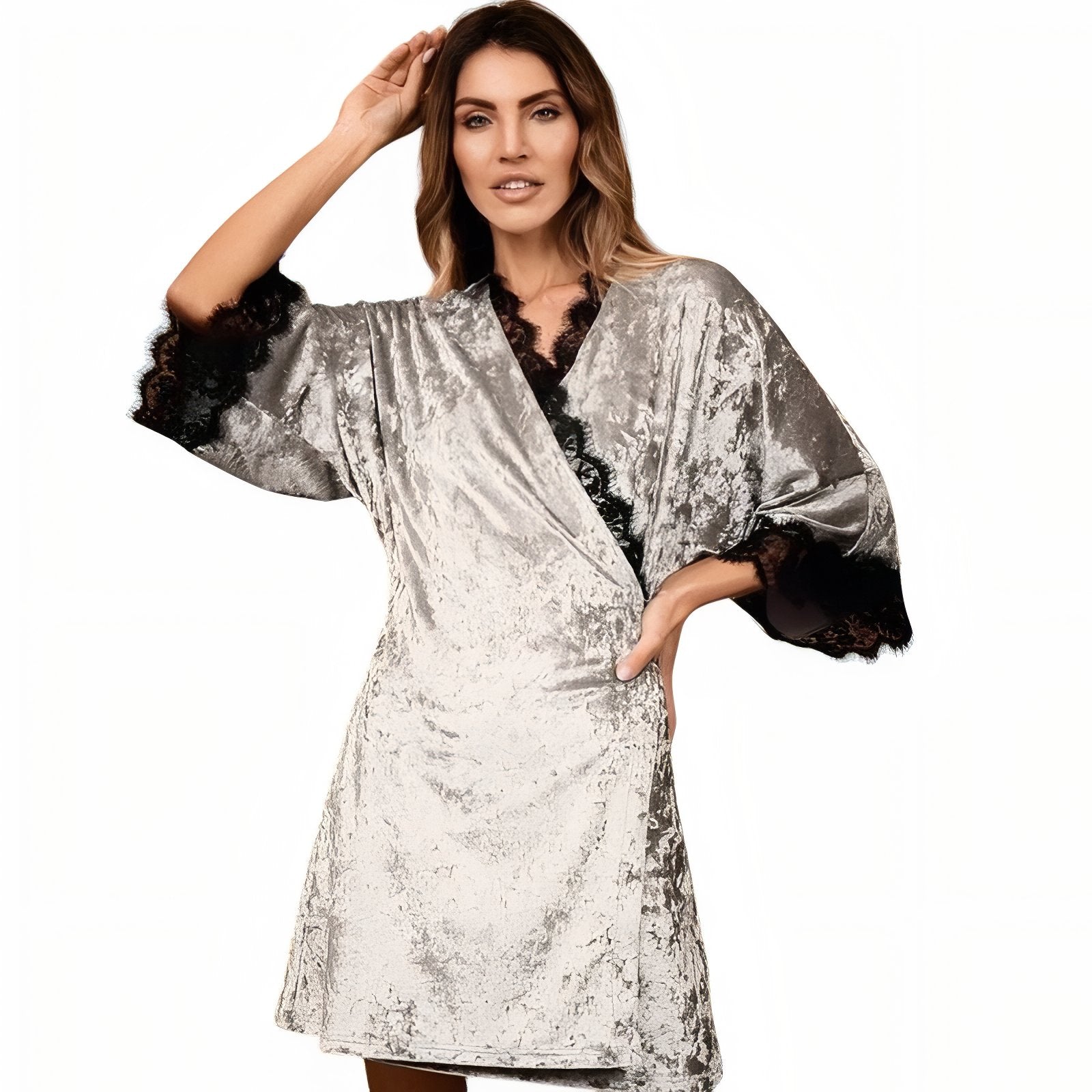 Peignoir Velours et Dentelle Gris Argenté S 
