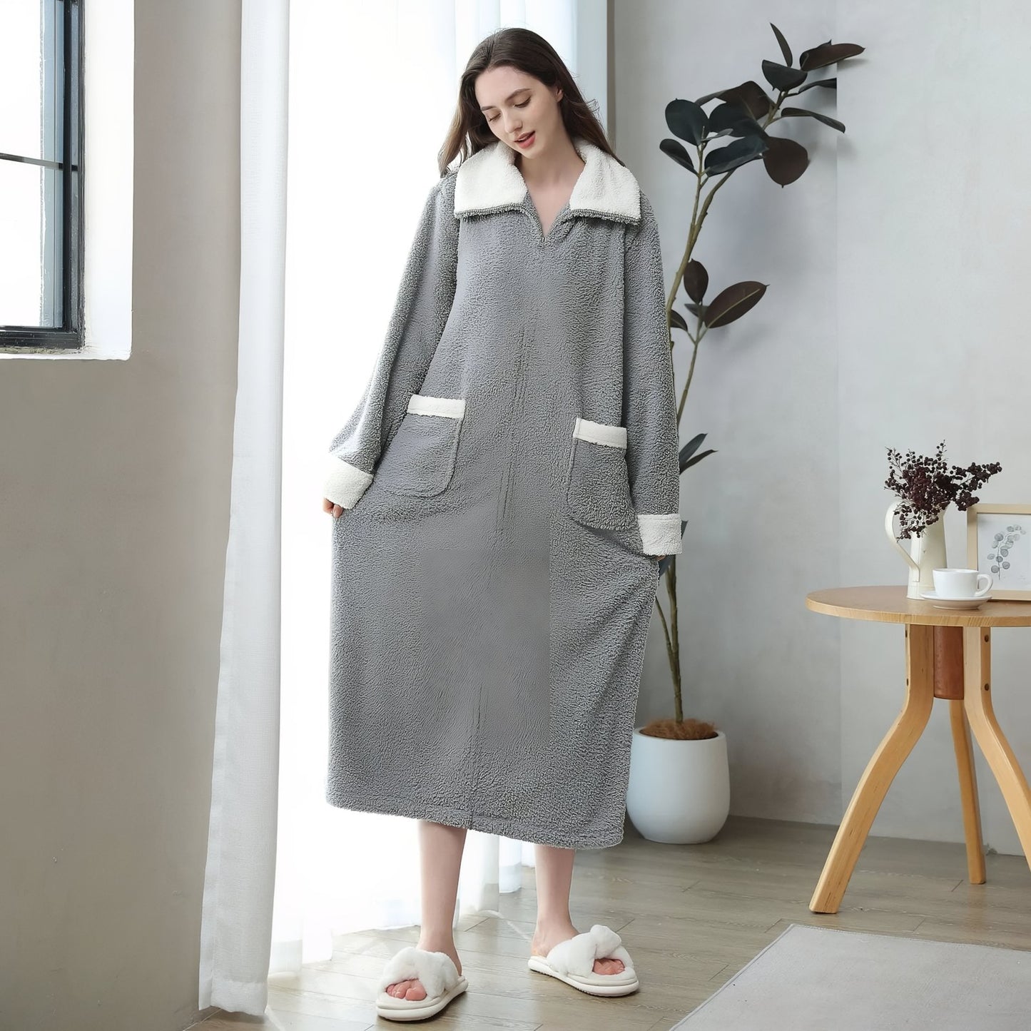 Longue Robe de Chambre Polaire Femme avec Fermeture Eclair 