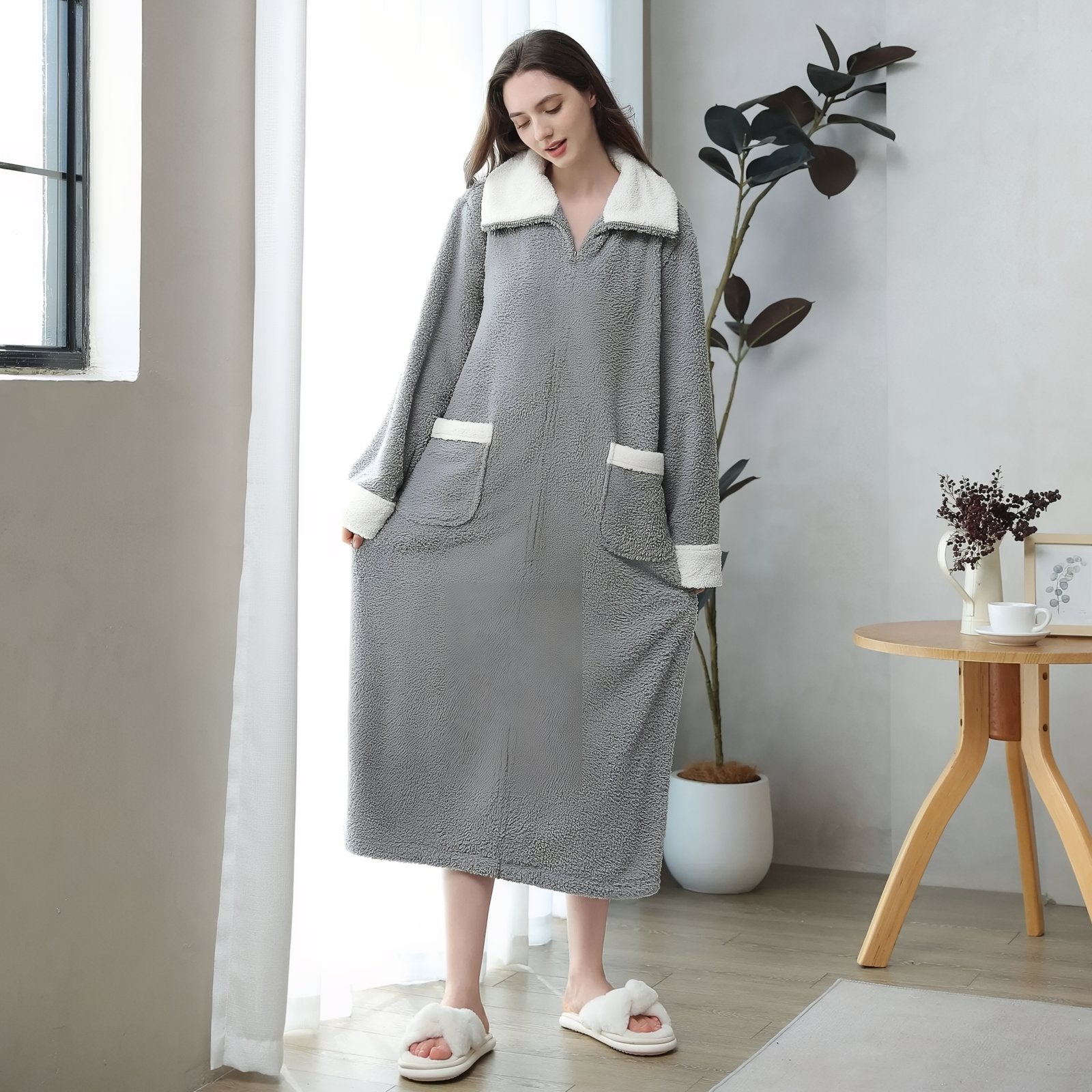 Longue Robe de Chambre Polaire Femme avec Fermeture Eclair 