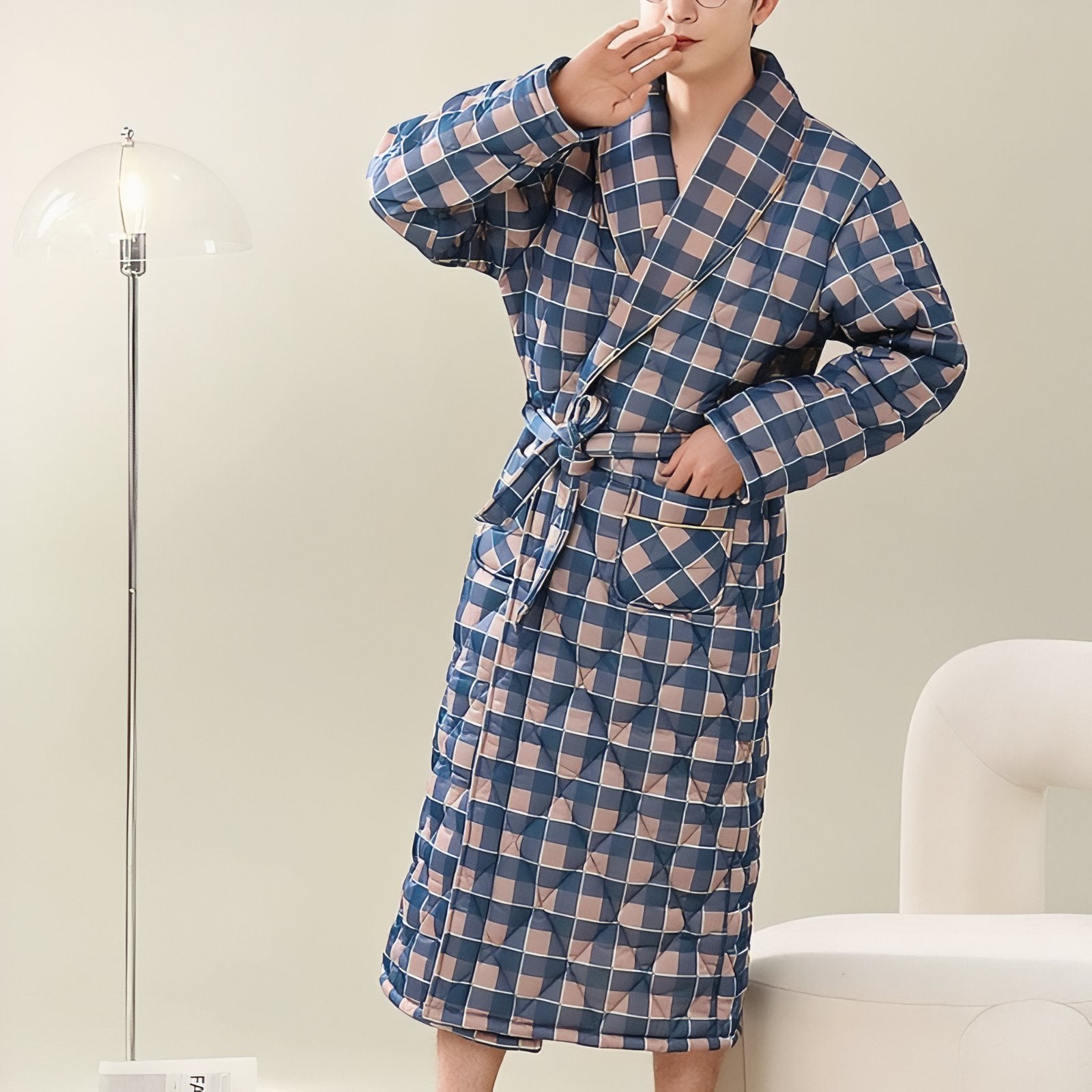 Peignoir Coton Matelassé Bleu et Rose L 