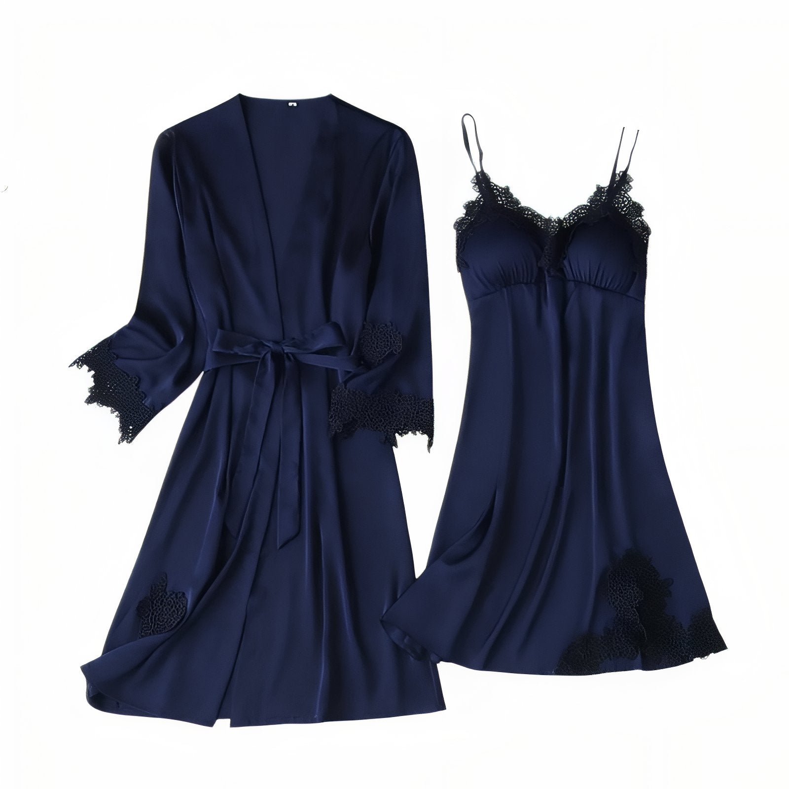 Ensemble Nuisette Peignoir Satin Bleu Marine M 
