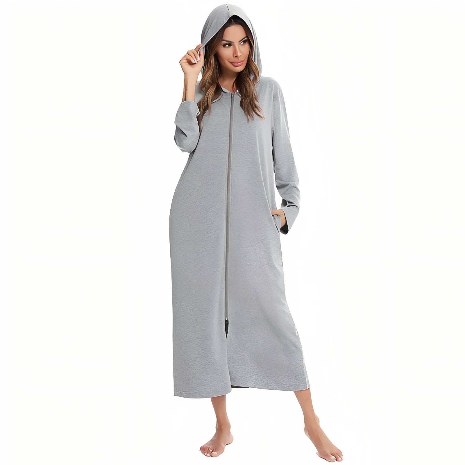 Peignoir avec Capuche et Fermeture Eclair Femme Gris Clair S 