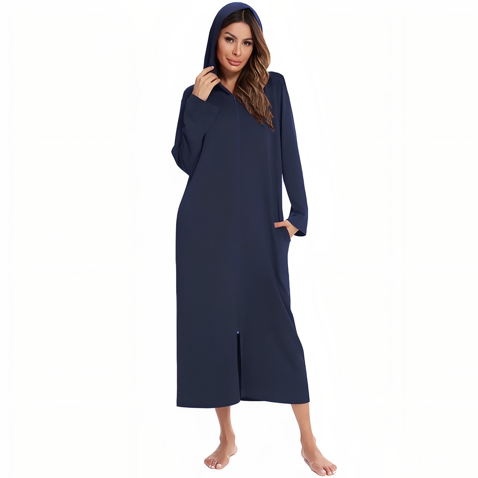Peignoir avec Capuche et Fermeture Eclair Femme Bleu Marine S 