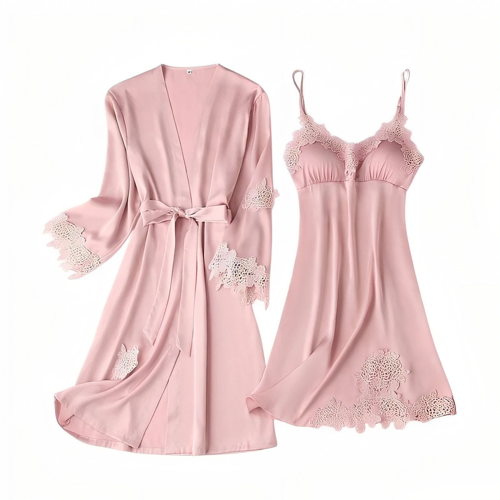 Ensemble Nuisette Peignoir Satin Rose Pâle M 