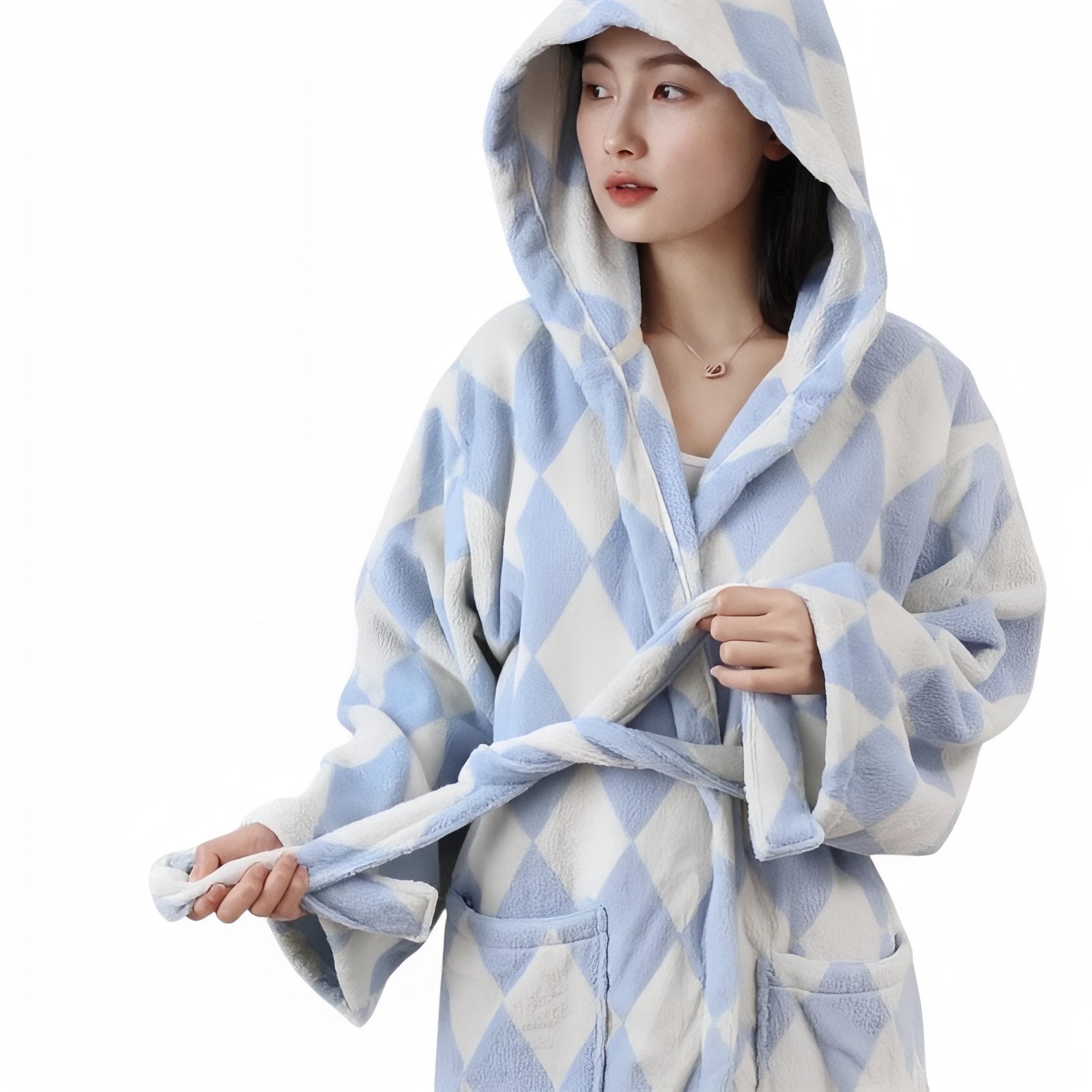 Robe de Chambre Femme Hiver Luxe Bleu Pastel et Losanges Taille Unique 