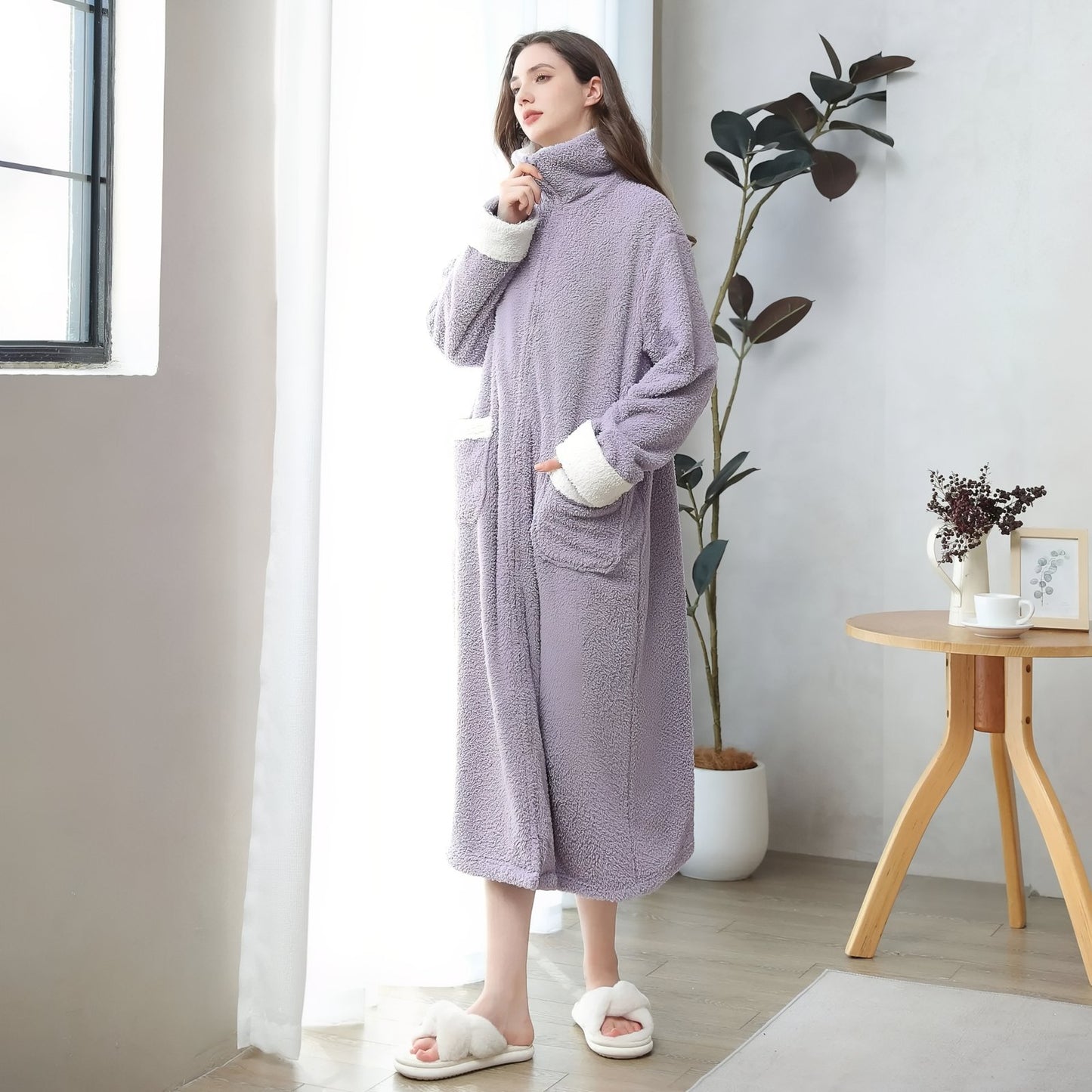 Longue Robe de Chambre Polaire Femme avec Fermeture Eclair 