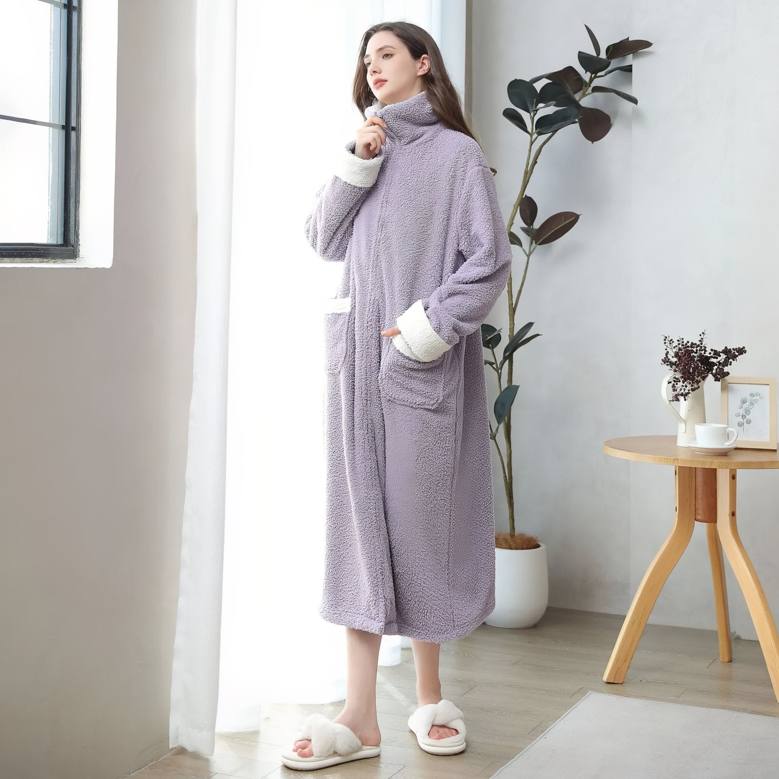 Longue Robe de Chambre Polaire Femme avec Fermeture Eclair 