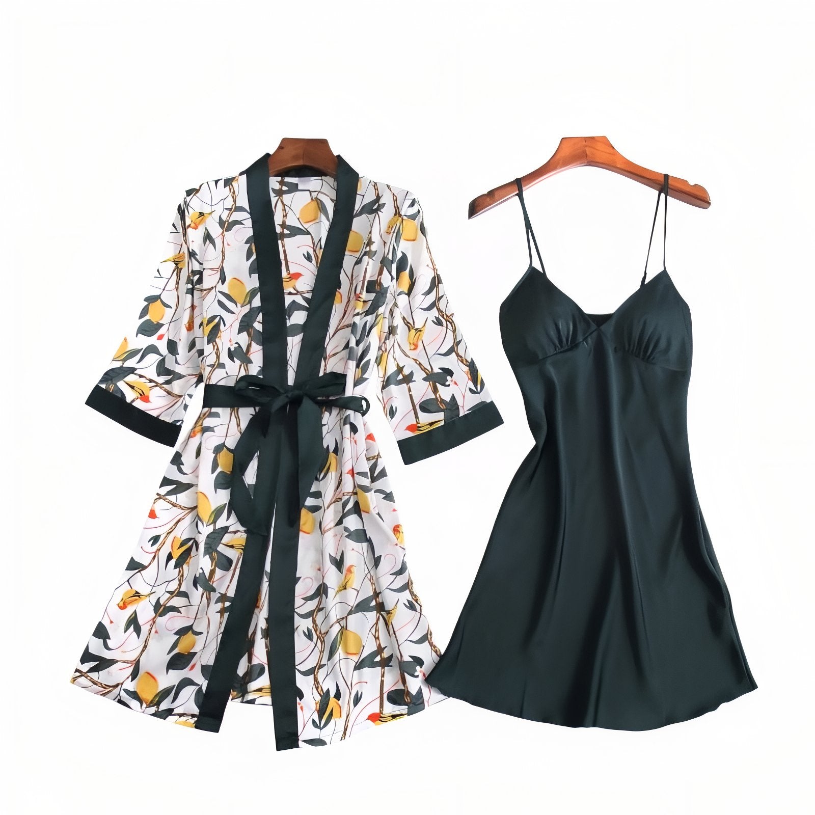 Ensemble Nuisette Peignoir Satin Vert Foncé et Jaune M 