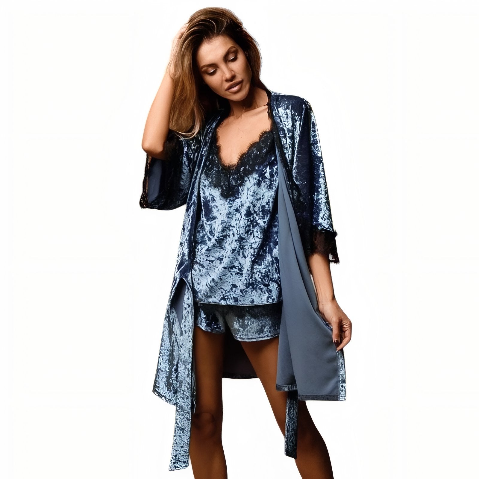 Peignoir Velours et Dentelle Bleu Nuit S 