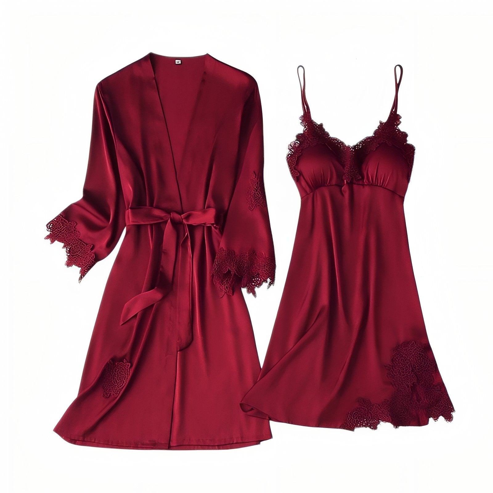 Ensemble Nuisette Peignoir Satin Bordeaux M 