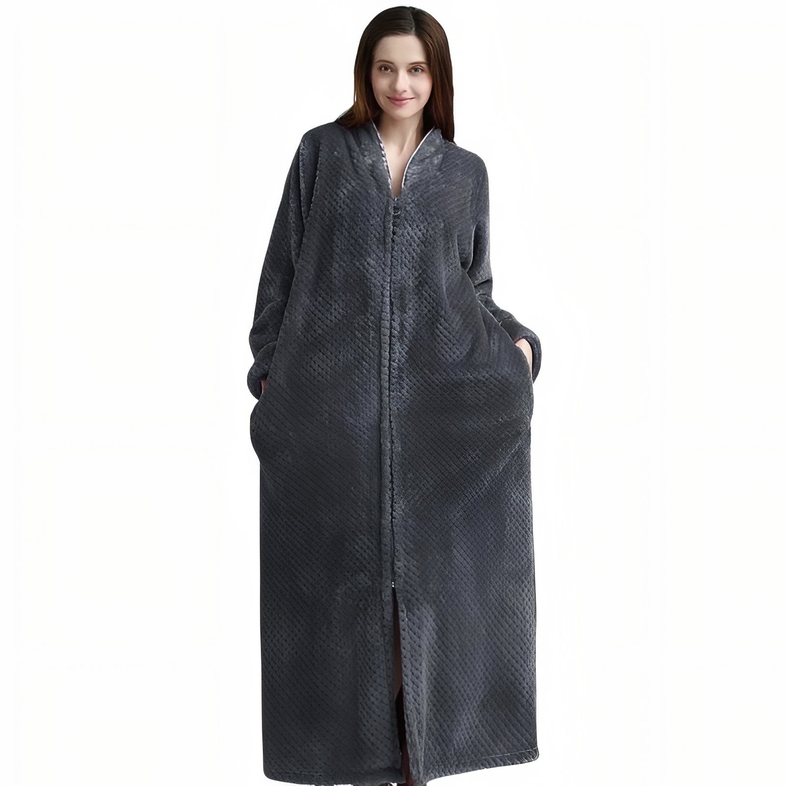 Peignoir Femme Eponge avec Fermeture Eclair Gris Foncé M 