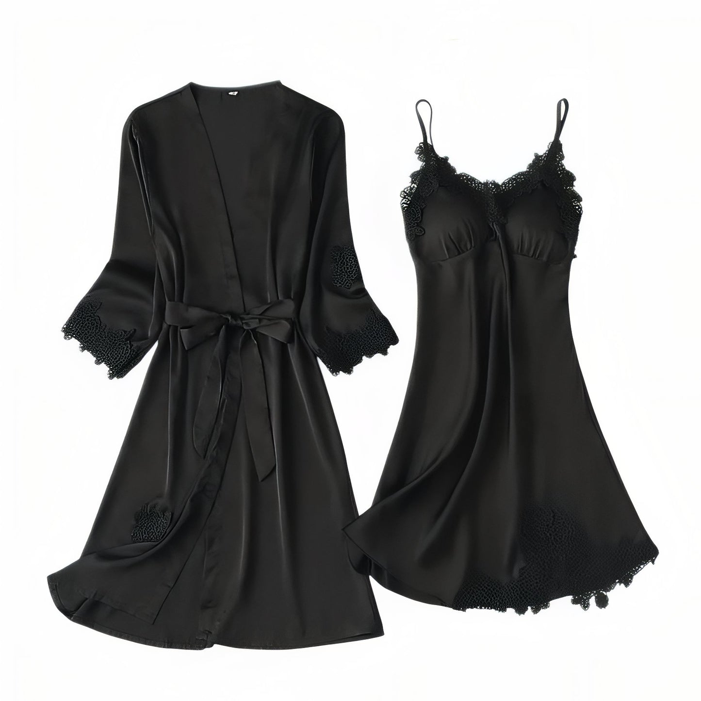Ensemble Nuisette Peignoir Satin Noir M 
