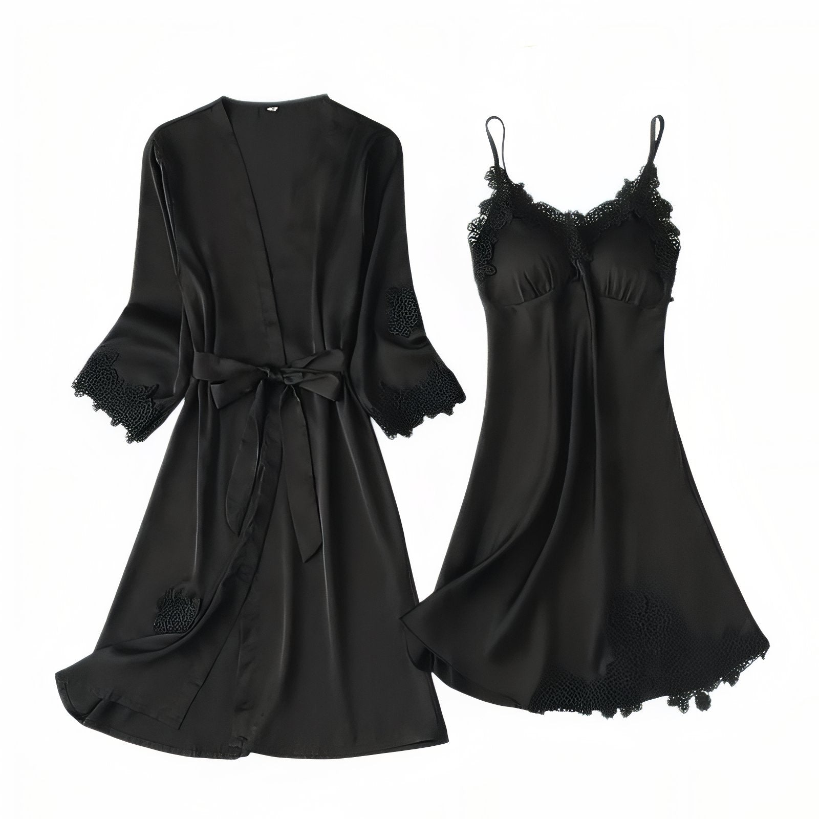 Ensemble Nuisette Peignoir Satin Noir M 