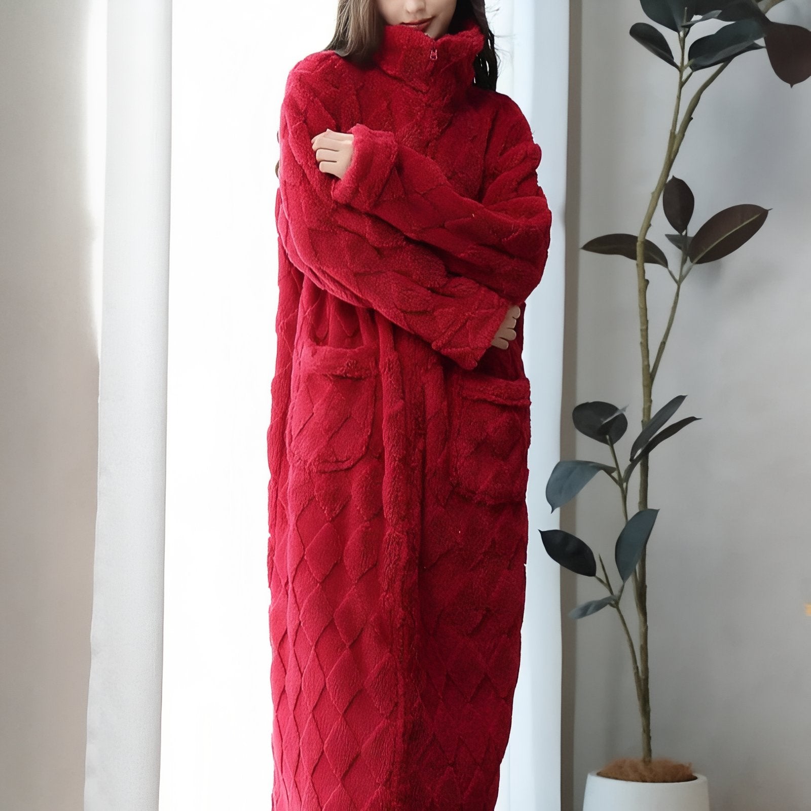 Robe De Chambre Polaire Femme avec Fermeture Eclair Rouge M 