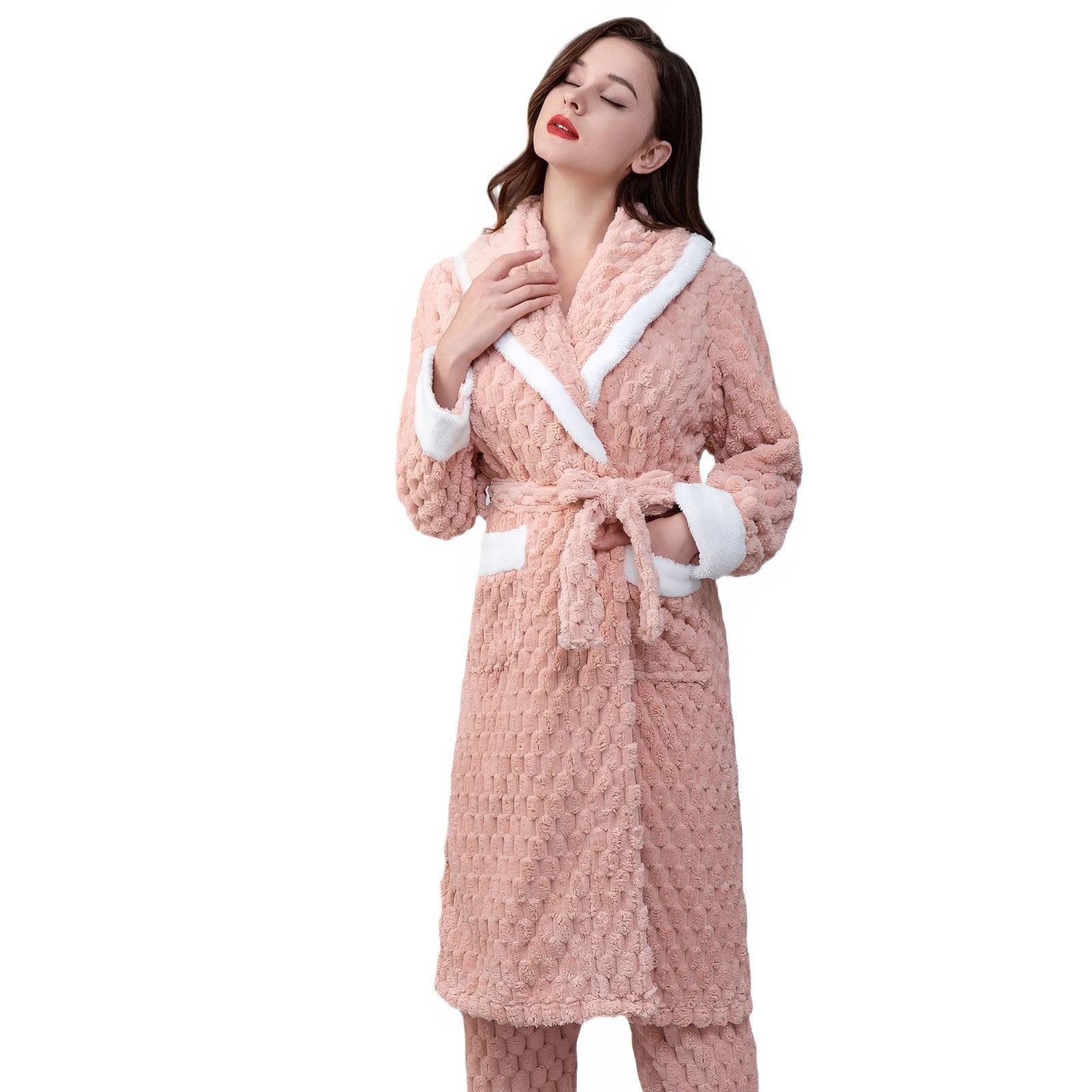 Sortie de Bain Femme Eponge Rose Poudré et Blanc M 